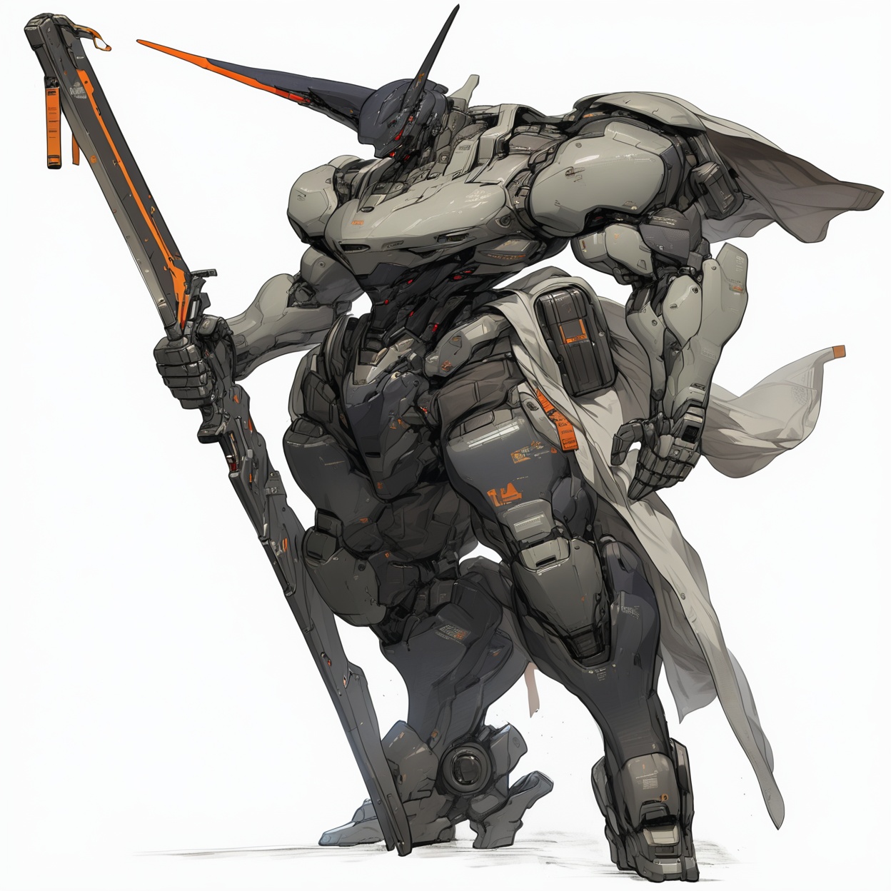 robot, rough, weapon, holding, holding weapon, sword, solo, white background, holding sword, no humans, standing, science fiction, simple background, red eyes, horns, full body, open hand, armor, 1boy, glowing, single horn, gun
,masterpiece, best quality,