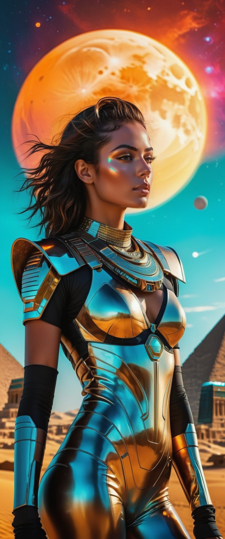 "((Futuristic girl)) immersed in Egypt Cyberstyle,  a sleek blend of ancient and cyberpunk elements,  standing against a b...