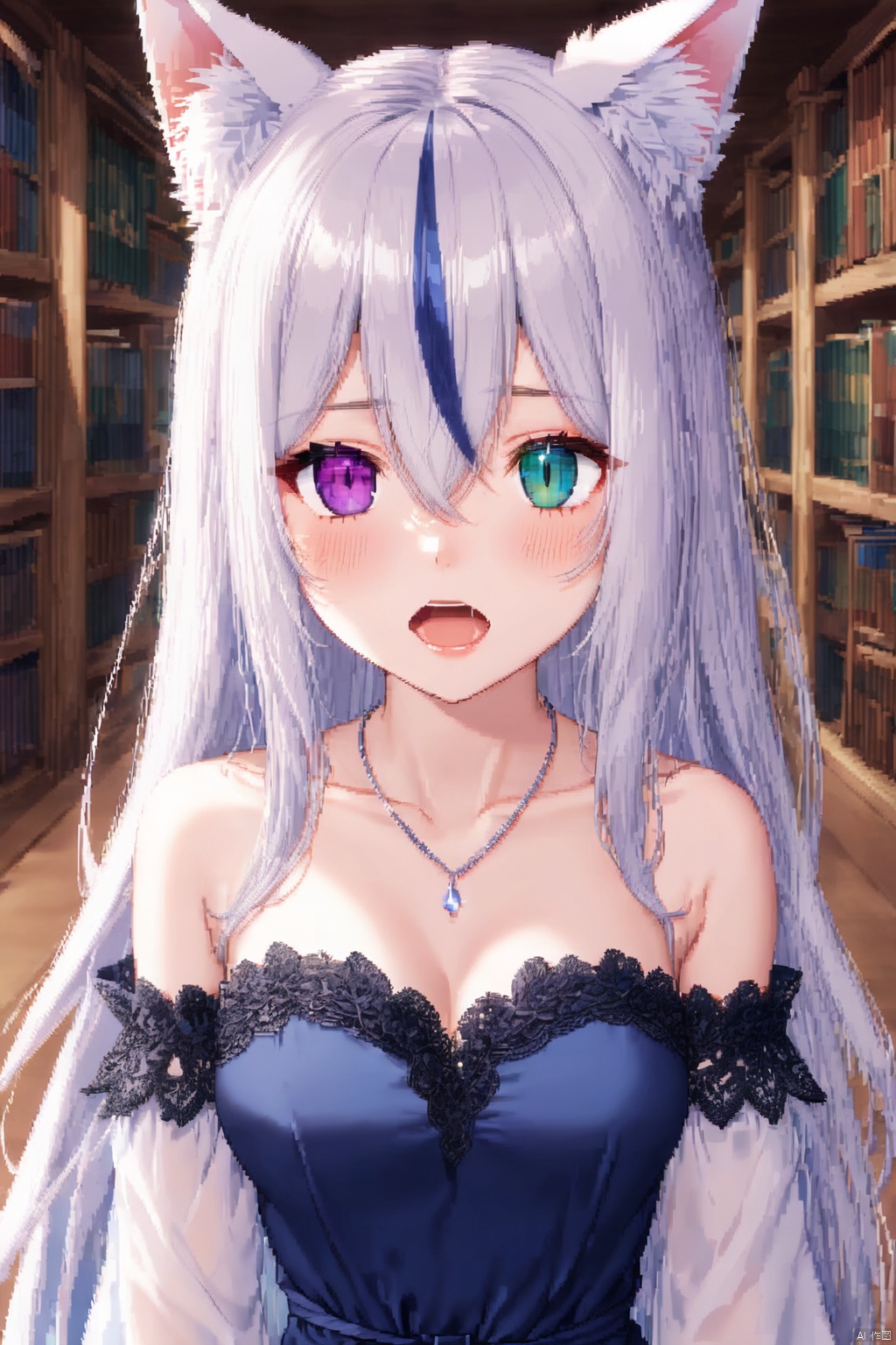 1girl,(face), solo,fox girl,fox ears,breasts,medium breasts, (heterochromia),blush,purple eye,blue eye,cat's eye,(slit pupils), open mouth, long hair,white hair,hair between eyes,(streaked hair),bare shoulders,collarbone,colored inner hair,dress,black lace trim,(blue dress),detached sleeves,ribbon,necklace,library,close-up, Pixel painting