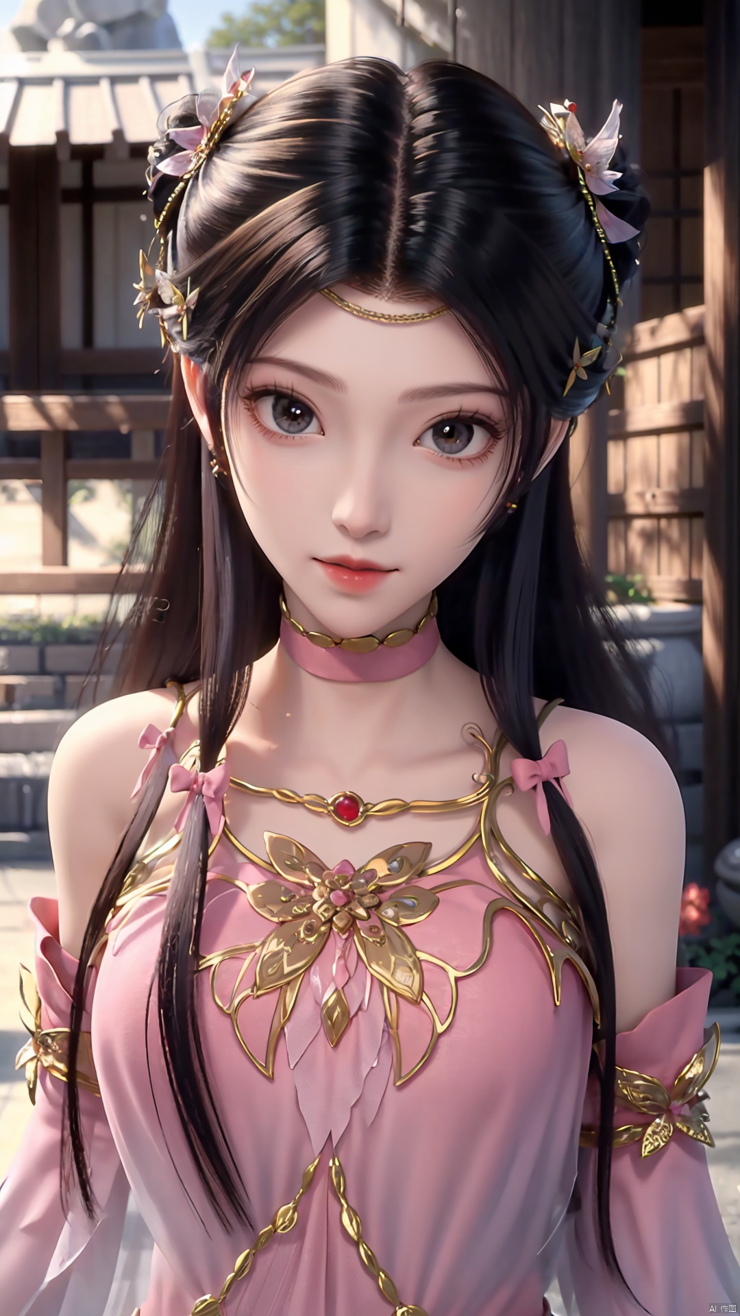 1girl, solo, dress, pink dress, hair ornament, long hair, jewelry, brown eyes, bracelet, flower, mischevious smile, perfect body, scenery, sharp focus, best quality, masterpiece, detailed outfit, illustration, perfect eyes, finely detailed beautiful anime eyes, realistic skin, intricate details, best lighting, depth of field, ultra high resolution,cowboy_shot, dynamic pose, dynamic angle,