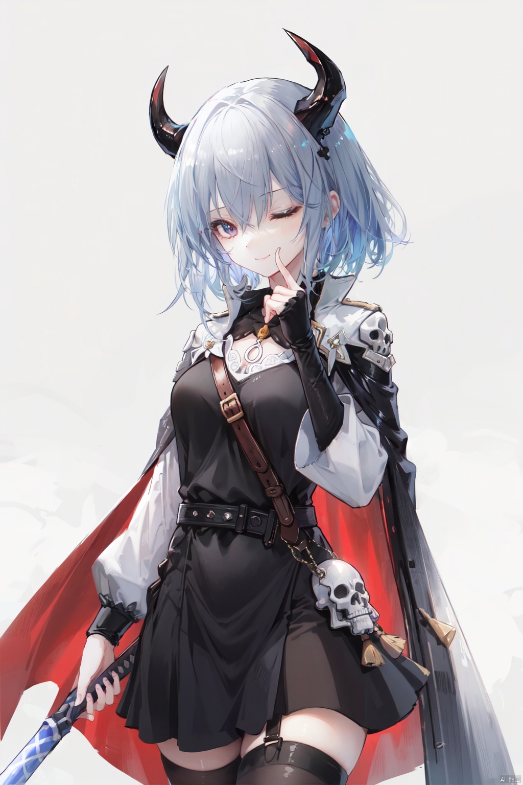 1girl, solo, horns, shushing, grey hair, skull, looking at viewer, finger to mouth, black dress, long sleeves, thigh strap, holding, one eye closed, breasts, dress, index finger raised, thighhighs, hair intakes, orange background, bangs, sword, cape, short hair, weapon, hair between eyes, smile, medium breasts, belt, simple background