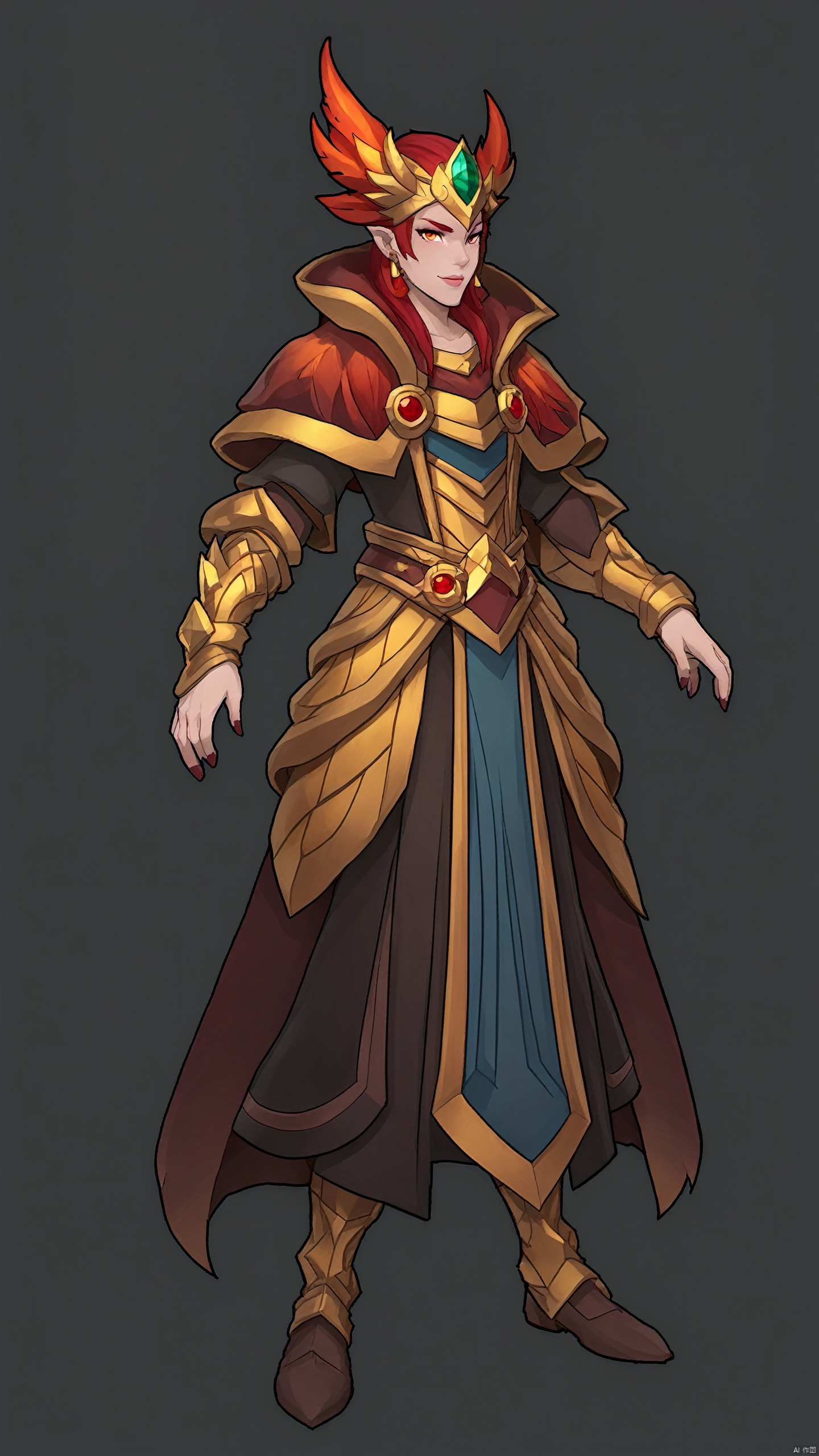 A gender fluid looks mysterious and flamboyant. They wore a cloak made of red and gold flame patterns, which seemed to burn with inner passion and strength. Phoenix's head wears a flame-shaped headdress, as if it were a crown-like decoration, symbolizing their desire to rule and leadership. Always with a confident and decisive smile on their faces and a determined twinkle in their eyes, they bring gender diversity and flame-like unique charm to the game, in stark contrast to traditional characters, adding a new perspective and experience to the game