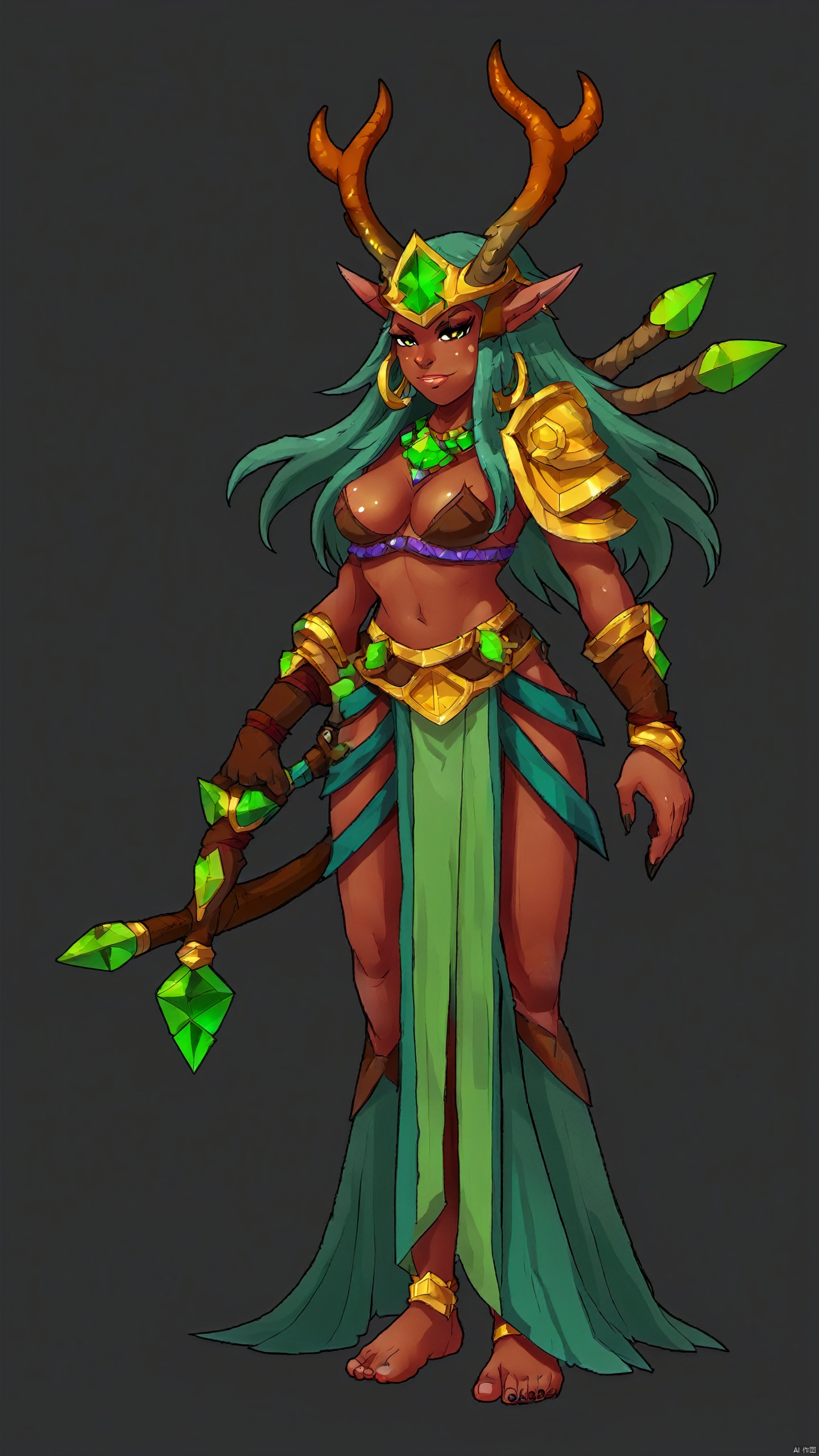  1girl, long hair, solo, grey background, barefoot, breasts, dark skin, simple background, dark-skinned female, green hair, full body, medium breasts, very long hair, gauntlets, standing, jewelry, helmet, horns, antlers, armor, bikini, swimsuit