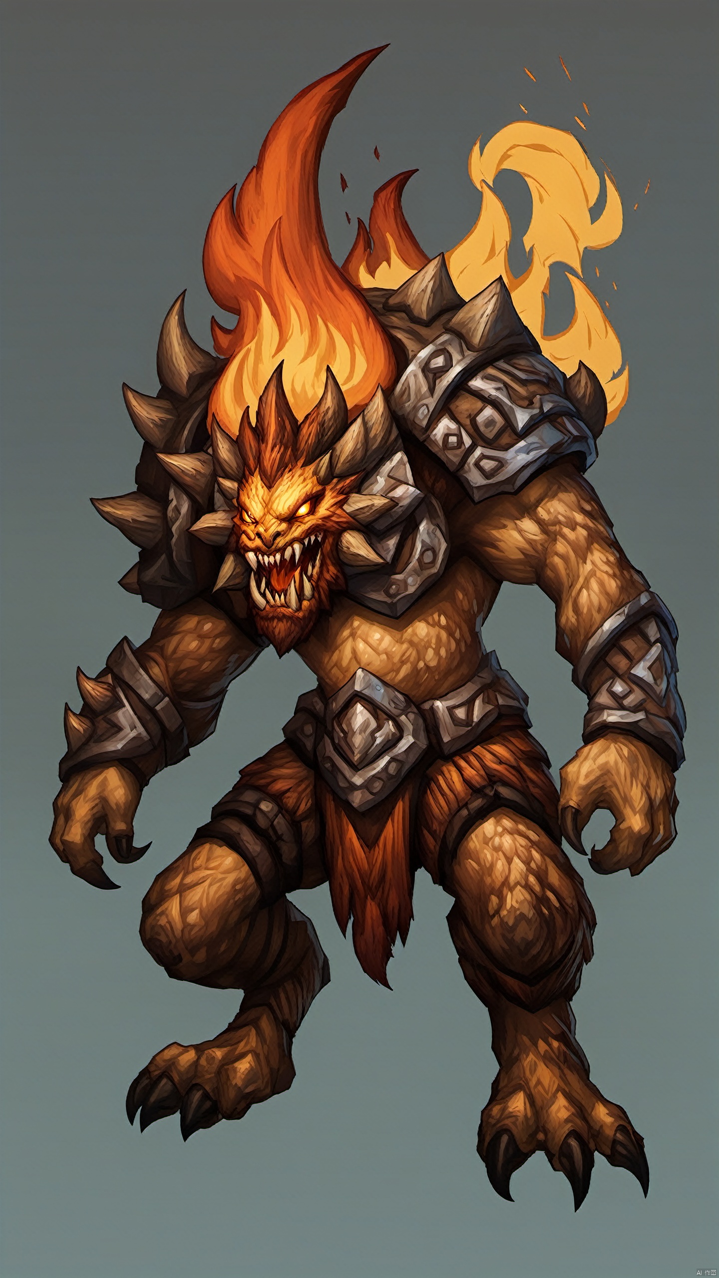 A fire monster called the Burning Beast. The beast was large and covered in blazing fire, with powerful limbs and blazing eyes. Its entire body is covered with a hardened rock shell, as if lava were flowing across the surface. The roar of the scorched beast was deafening like a volcanic eruption, and the ground trembled with every step. The fiery energy emanating from it makes the air around it seem to burn, the embodiment of a fiery fury