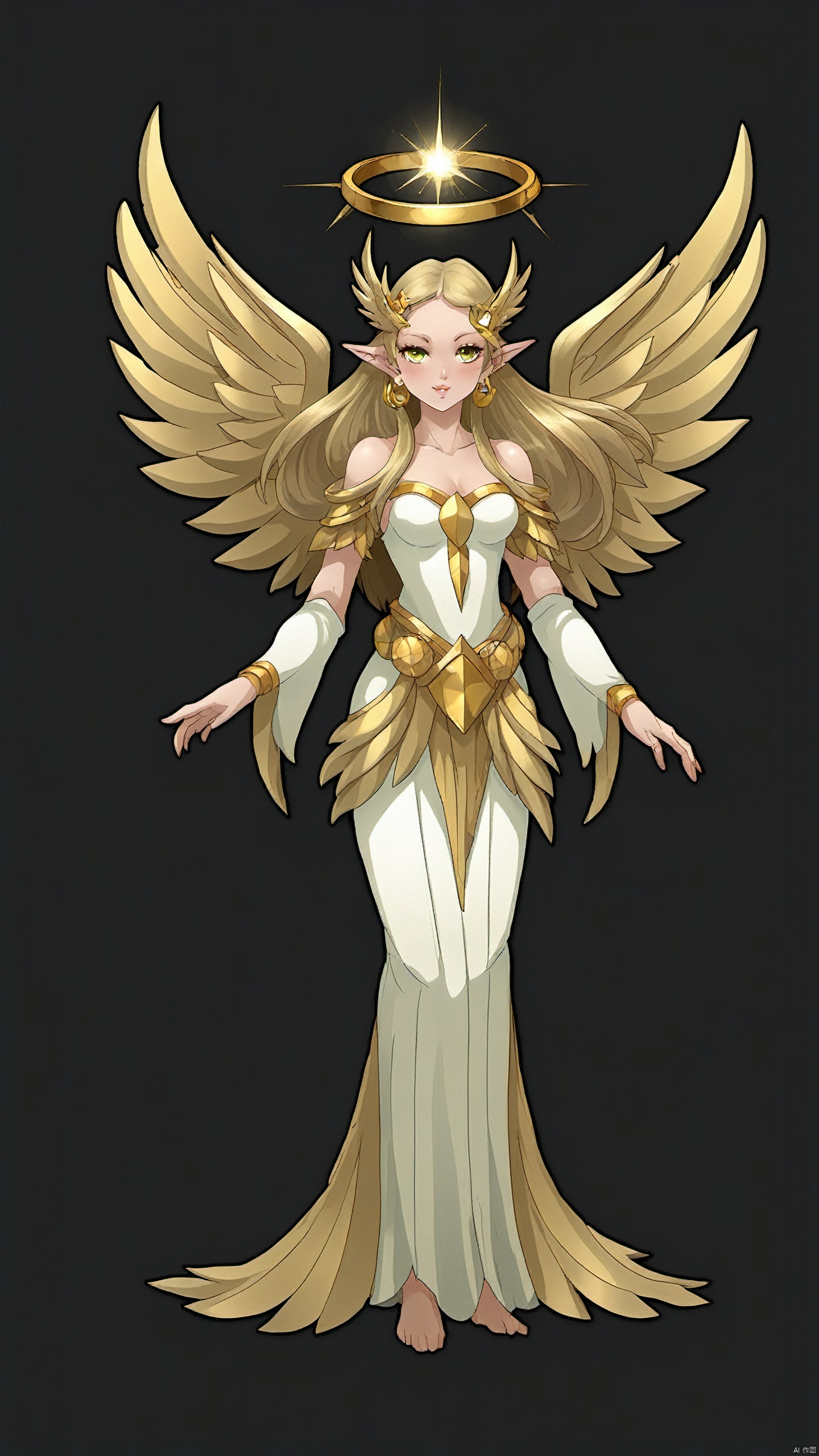 A supernatural angel named female, the appearance shows a mysterious and bright temperament, she wears a gorgeous robe woven by stars and moonlight, every step is like dancing stars and the Milky Way. A halo shines above her head, symbolizing her divine mission and the source of her power. The wings of the female supernatural angel are covered with golden feathers, showing her elegance and mystery, and her eyes are deep and crystal, as if they can see the essence of everything