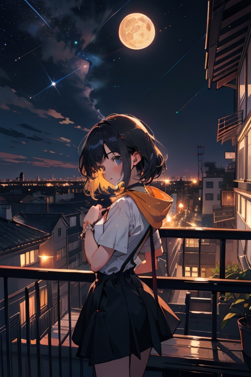 chica en un balcon mirando la luna melancolicamente en una noche estrellada ,  cute,  anime on Tensor.Art