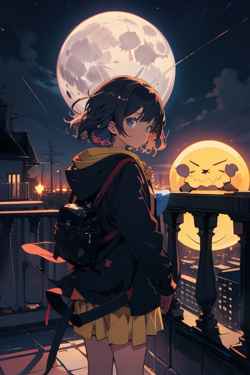 chica en un balcon mirando la luna melancolicamente en una noche estrellada ,  cute,  anime on Tensor.Art