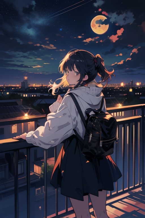 chica en un balcon mirando la luna melancolicamente en una noche estrellada ,  cute,  anime on Tensor.Art