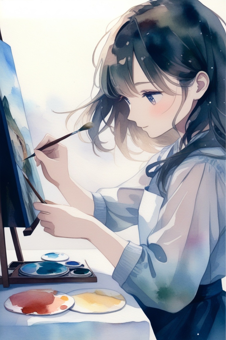 girl painting a painting on a canvas with watercolors with a white tablecloth stained with paint ,  cute,  anime on Tensor...