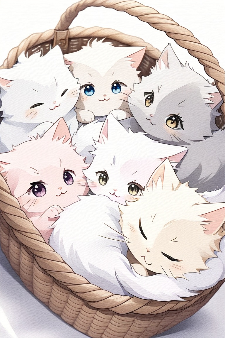 smalls fluffys white fluffys cats in a basket ,  cute,  anime on Tensor.Art