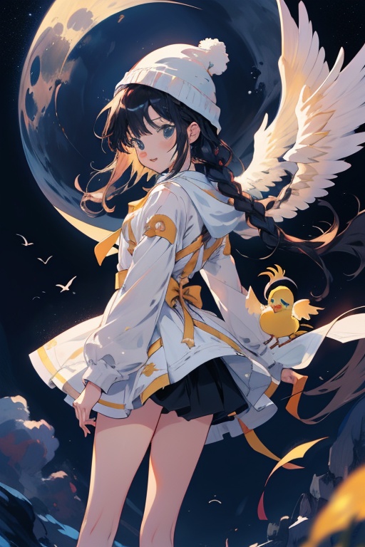 chica sentada sobre la luna ,  con unas alas blanca con toques celestes y blancos cute,  cute on Tensor.Art