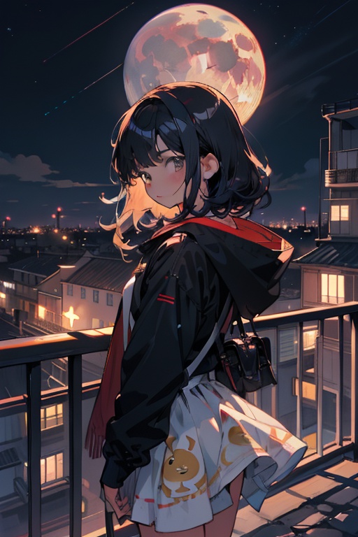 chica en un balcon mirando la luna melancolicamente en una noche estrellada ,  cute,  anime on Tensor.Art