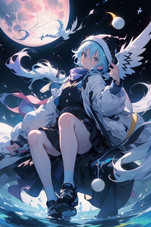 chica sentada sobre la luna ,  con unas alas blanca con toques celestes y blancos con una falda negra y una chompa blanca...