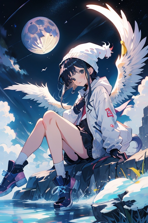chica sentada sobre la luna ,  con unas alas blanca con toques celestes y blancos cute,  cute on Tensor.Art