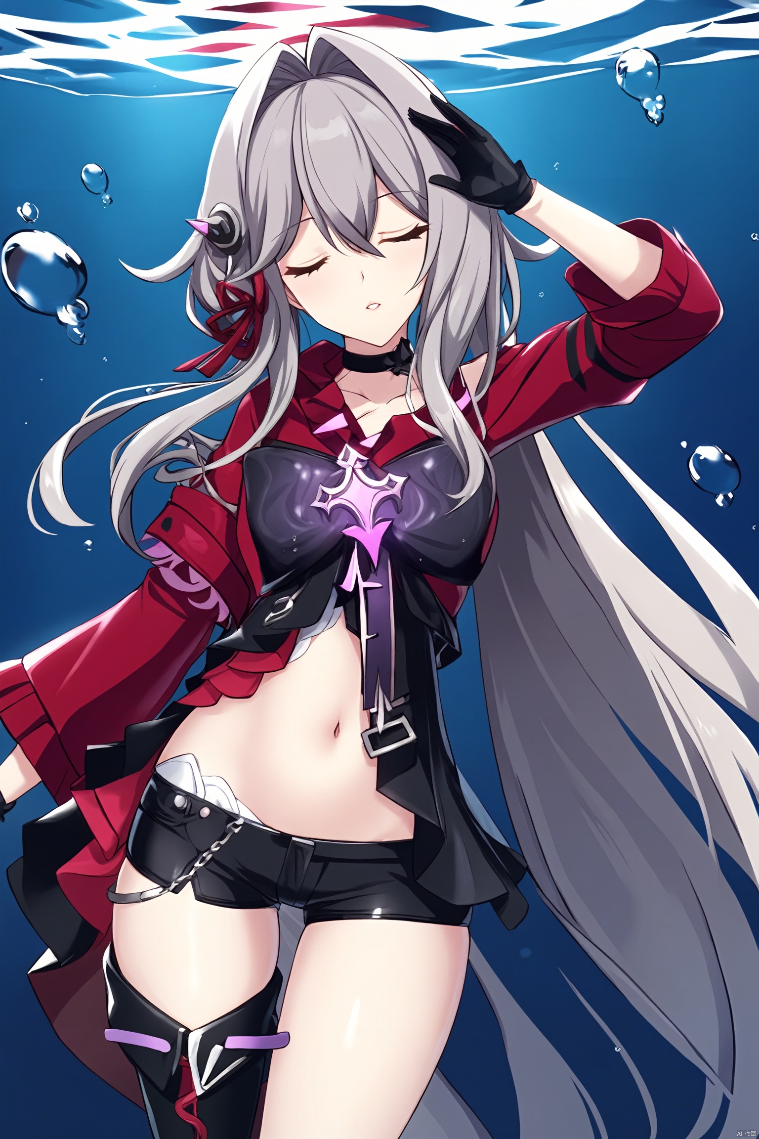  core_9,score_8_up,score_7_up,best quality,masterpiece,source_anime,8k,(ultra-detailed),(high detailed skin), ,1girl, solo, closed eyes, underwater, fish,air bubble, bubble, breasts, parted lips, submerged, cowboy shot, star \(symbol\), hands up,lnt, def clothe,
Thelema, 1girl, black gloves, very long hair, navel, single thighhigh, black short shorts,boots,grey hair, hair ornament,