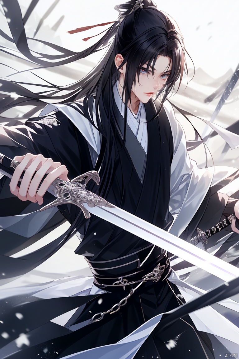 anan, weapon, long hair, sword, male focus, black hair, 1boy, chinese clothes, holding, solo, holding weapon, long sleeves, holding sword, hanfu, closed mouth, blurry, parted bangs