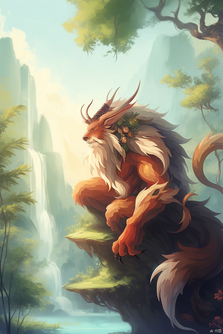anan, bird, tree, mythical animal, waterfall, water, horns, no humans, solo