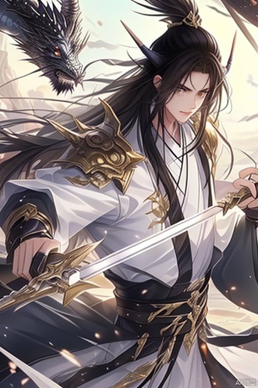 anan, weapon, 1boy, long hair, dragon, male focus, black hair, sword, chinese clothes, holding weapon, holding sword, holding, eastern dragon, solo, armor, hanfu, horns