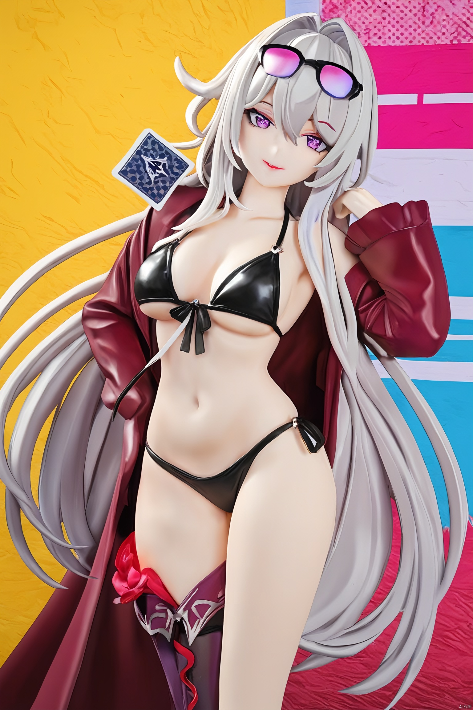  core_9,score_8_up,score_7_up,best quality,masterpiece,source_anime,8k,(ultra-detailed),(high detailed skin), 
vaporwave,(Highest picture quality), (Master's work), (Detailed eye description), (8K wallpaper),(Detailed face description),(flat color:1.3),(ligne claire:1.3),(cover page:1.2),(movie poster:1.2),poster \(medium\),cowboy shot,(solo:1.2),(multicolored_background:1.3),striped_background,card_background,1girl,red lips,(red eyeshadow:1.2),full body,looking at viewer,sunglasses,(black bikini),medium breasts,(((masterpiece))),(best quality),beautiful detailed bright eyes,(beautiful detailed shiny white_hair:1.2),very long hair, (seductive smile:1.2),mixed,
Thelema, 1girl, very long hair, purple eyes, navel, single thighhigh,boots,grey hair,horn hair ornament, yyy, figure