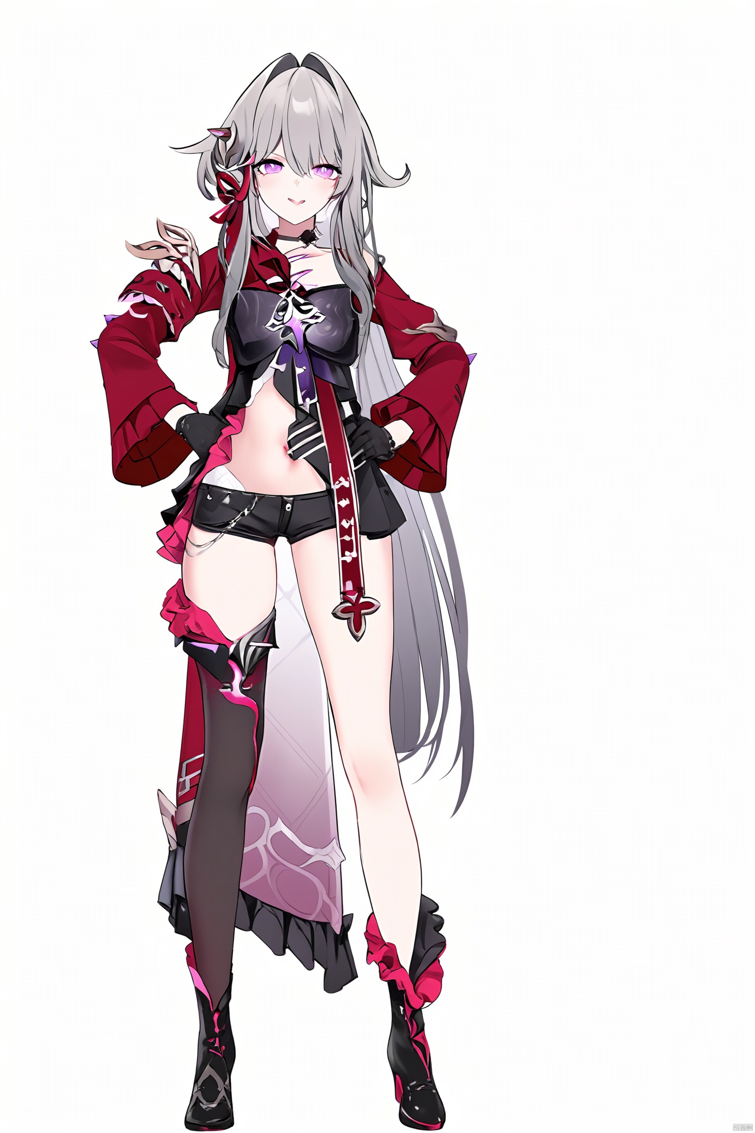  core_9,score_8_up,score_7_up,best quality,masterpiece,source_anime,8k,(ultra-detailed),(high detailed skin), ,1girl, solo, (white background, simple background:1.2),(looking at viewer,face to viewer:1.2),(full body),hands on hip,full-body portrait,
Thelema, 1girl, black gloves, very long hair, purple eyes, navel, single thighhigh, black short shorts,boots,grey hair, hair ornament
