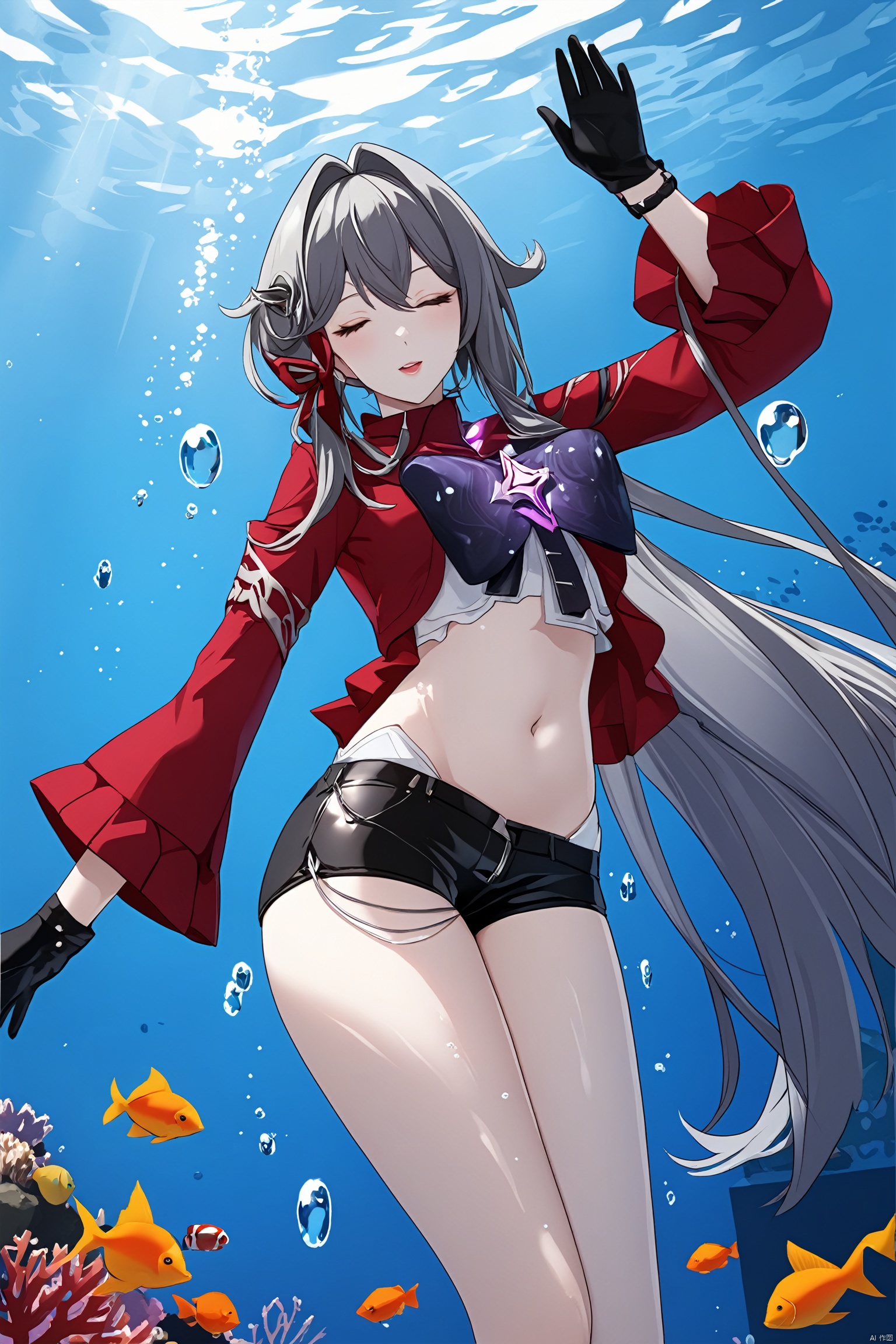  core_9,score_8_up,score_7_up,best quality,masterpiece,source_anime,8k,(ultra-detailed),(high detailed skin), ,1girl, solo, closed eyes, underwater, fish,air bubble, bubble, breasts, parted lips, submerged, cowboy shot, star \(symbol\), hands up,lnt, def clothe,
Thelema, 1girl, black gloves, very long hair, purple eyes, navel, single thighhigh, black short shorts,boots,grey hair