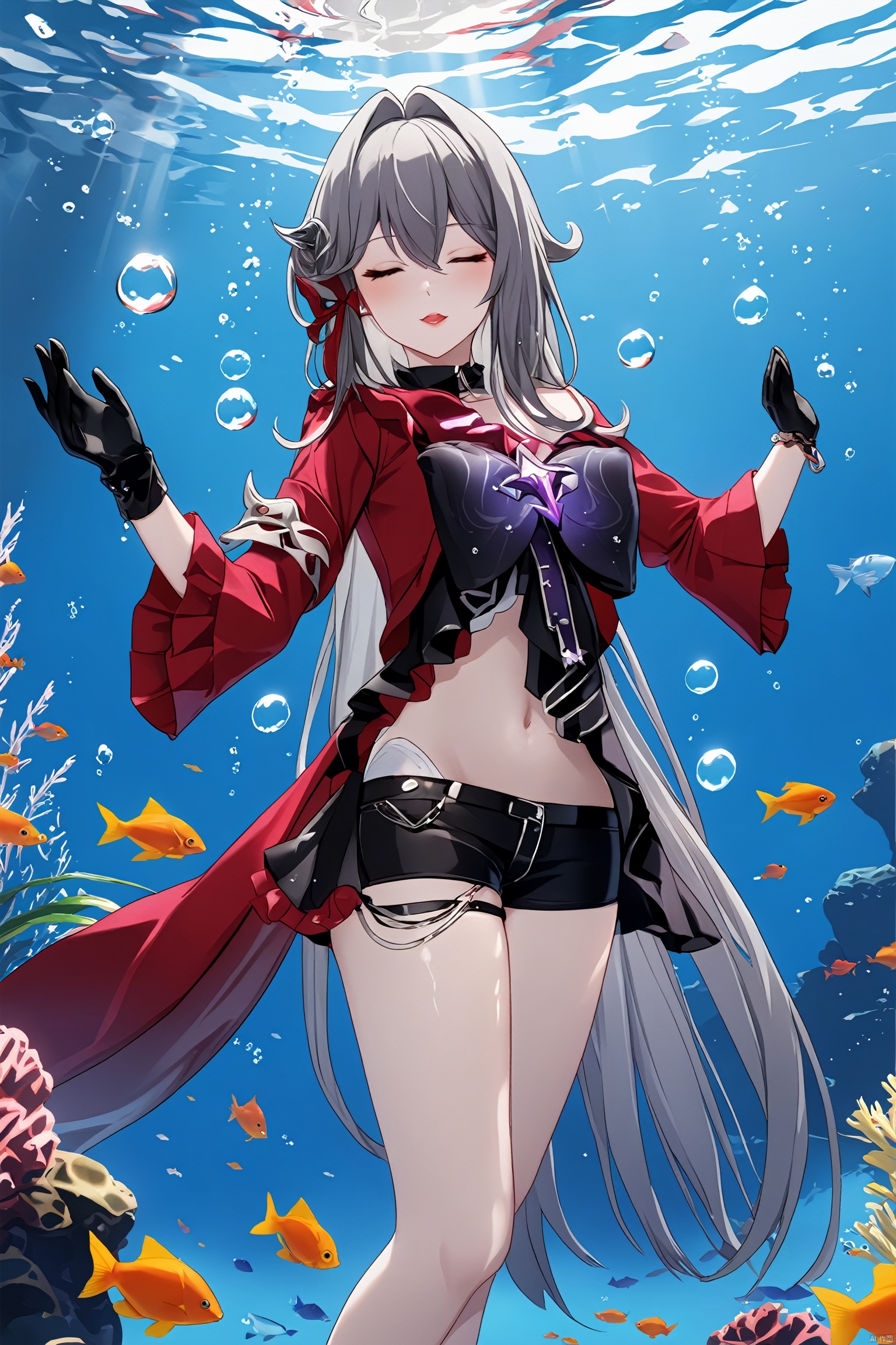  core_9,score_8_up,score_7_up,best quality,masterpiece,source_anime,8k,(ultra-detailed),(high detailed skin), ,1girl, solo, closed eyes, underwater, fish,air bubble, bubble, breasts, parted lips, submerged, cowboy shot, star \(symbol\), hands up,lnt, def clothe,
Thelema, 1girl, black gloves, very long hair, purple eyes, navel, single thighhigh, black short shorts,boots,grey hair