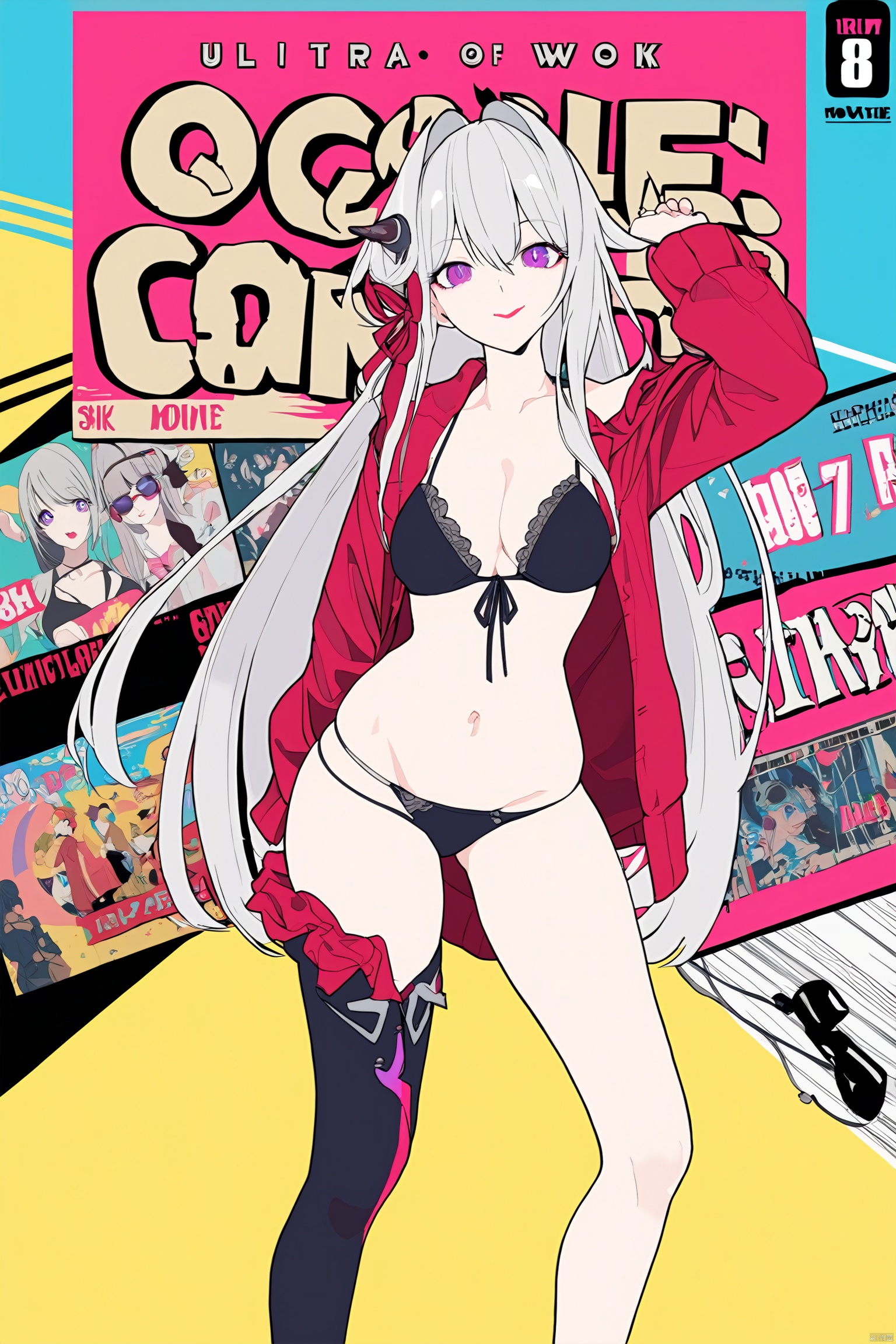  core_9,score_8_up,score_7_up,best quality,masterpiece,source_anime,8k,(ultra-detailed),(high detailed skin), 
vaporwave,(Highest picture quality), (Master's work), (Detailed eye description), (8K wallpaper),(Detailed face description),(flat color:1.3),(ligne claire:1.3),(cover page:1.2),(movie poster:1.2),poster \(medium\),cowboy shot,(solo:1.2),(multicolored_background:1.3),striped_background,card_background,1girl,red lips,(red eyeshadow:1.2),full body,looking at viewer,sunglasses,(black bikini),medium breasts,(((masterpiece))),(best quality),beautiful detailed bright eyes,(beautiful detailed shiny white_hair:1.2),very long hair, (seductive smile:1.2),mixed,
Thelema, 1girl, very long hair, purple eyes, navel, single thighhigh,boots,grey hair,horn hair ornament