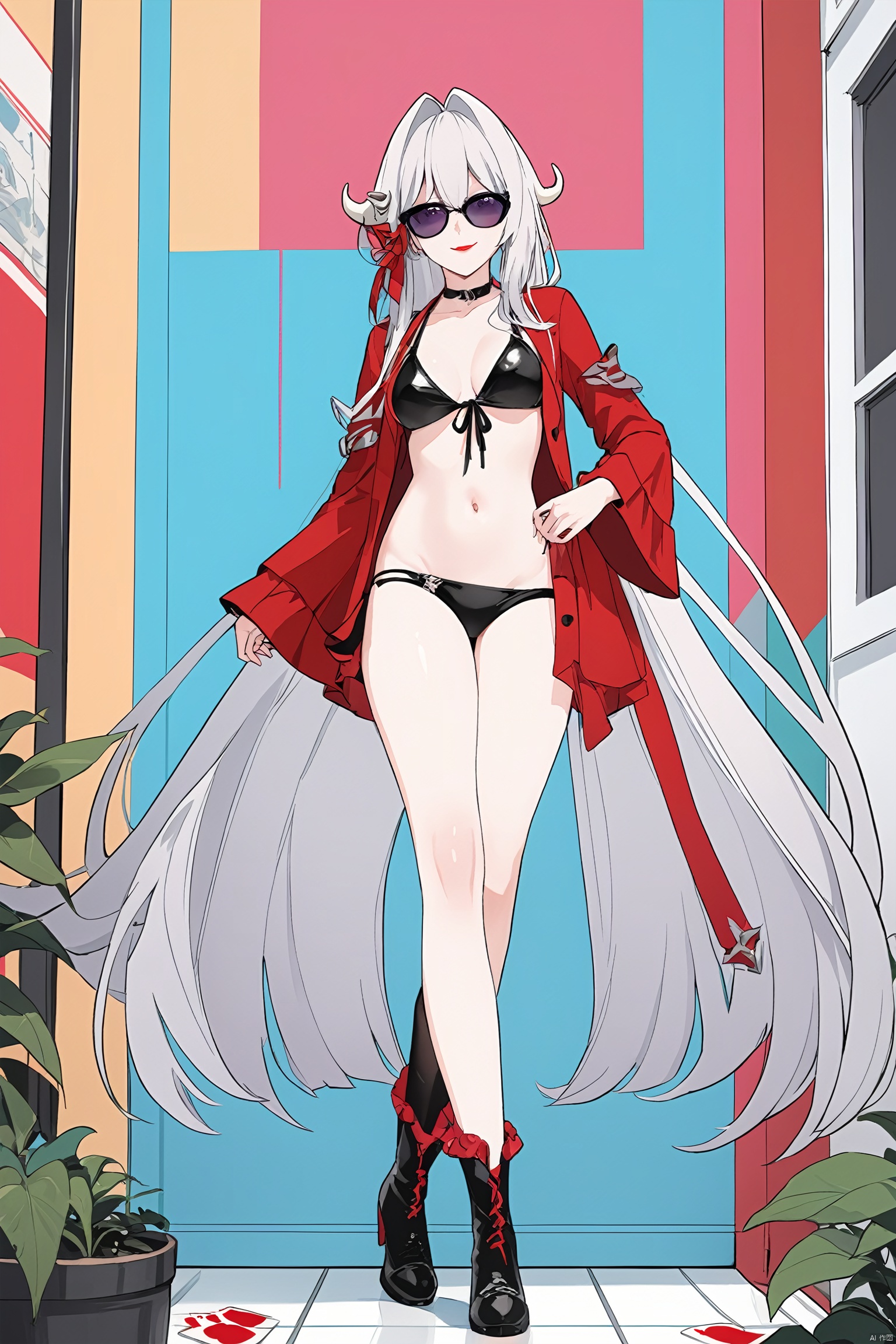  core_9,score_8_up,score_7_up,best quality,masterpiece,source_anime,8k,(ultra-detailed),(high detailed skin), 
vaporwave,(Highest picture quality), (Master's work), (Detailed eye description), (8K wallpaper),(Detailed face description),(flat color:1.3),(ligne claire:1.3),(cover page:1.2),(movie poster:1.2),poster \(medium\),cowboy shot,(solo:1.2),(multicolored_background:1.3),striped_background,card_background,1girl,red lips,(red eyeshadow:1.2),full body,looking at viewer,sunglasses,(black bikini),medium breasts,(((masterpiece))),(best quality),beautiful detailed bright eyes,(beautiful detailed shiny white_hair:1.2),very long hair, (seductive smile:1.2),mixed,
Thelema, 1girl, very long hair, purple eyes, navel, single thighhigh,boots,grey hair,horn hair ornament