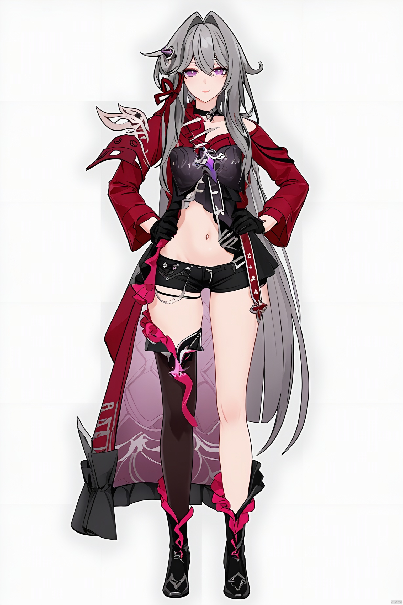core_9,score_8_up,score_7_up,best quality,masterpiece,source_anime,8k,(ultra-detailed),(high detailed skin), ,1girl, solo, (white background, simple background:1.2),(looking at viewer,face to viewer:1.2),(full body),hands on hip,full-body portrait,
Thelema, 1girl, black gloves, very long hair, purple eyes, navel, single thighhigh, black short shorts,boots,grey hair