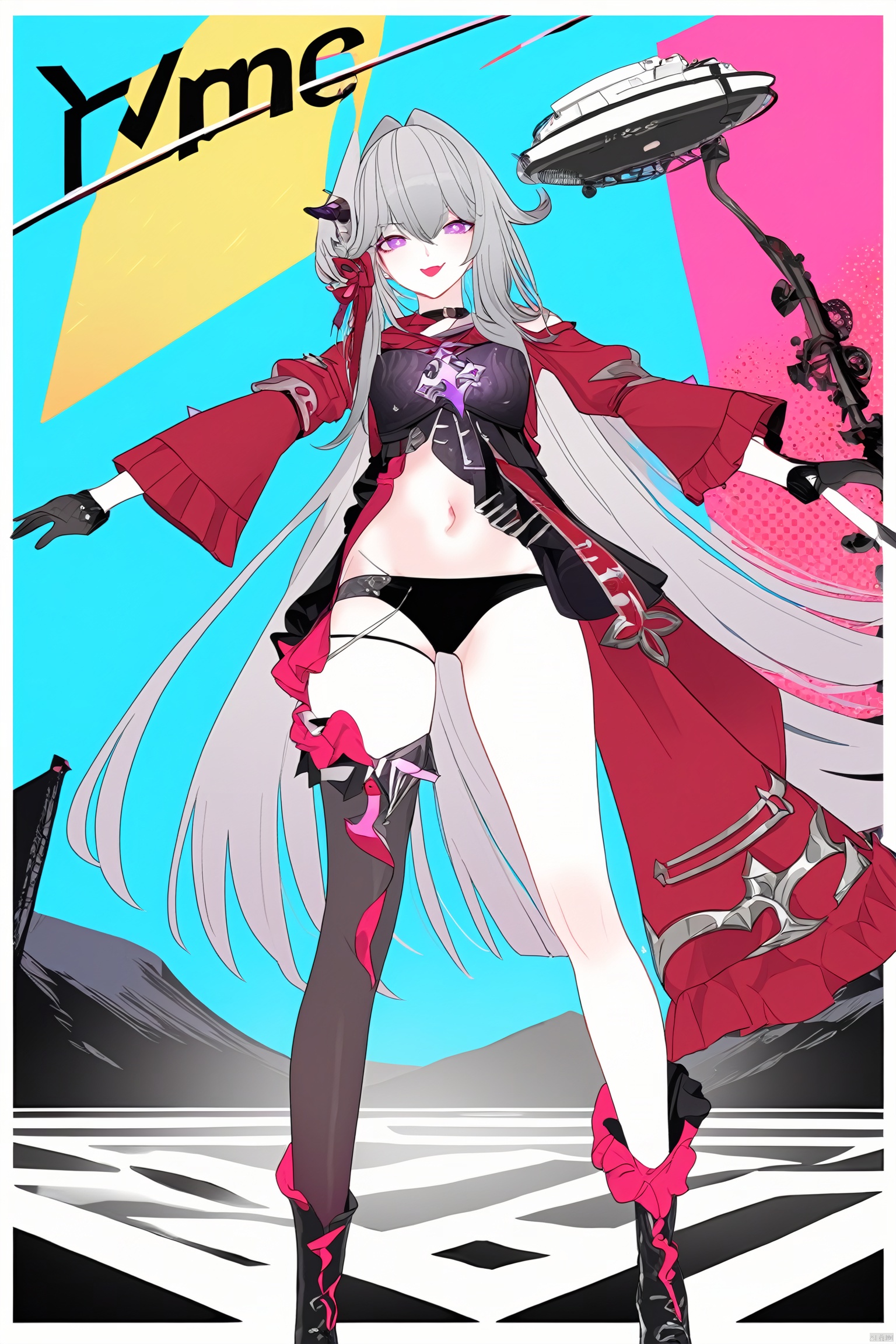  core_9,score_8_up,score_7_up,best quality,masterpiece,source_anime,8k,(ultra-detailed),(high detailed skin), 
vaporwave,(Highest picture quality), (Master's work), (Detailed eye description), (8K wallpaper),(Detailed face description),(flat color:1.3),(ligne claire:1.3),(cover page:1.2),(movie poster:1.2),poster \(medium\),cowboy shot,(solo:1.2),(multicolored_background:1.3),striped_background,card_background,1girl,red lips,(red eyeshadow:1.2),full body,looking at viewer,sunglasses,(black bikini),medium breasts,(((masterpiece))),(best quality),beautiful detailed bright eyes,(beautiful detailed shiny white_hair:1.2),very long hair, (seductive smile:1.2),mixed,
Thelema, 1girl, very long hair, purple eyes, navel, single thighhigh,boots,grey hair,horn hair ornament