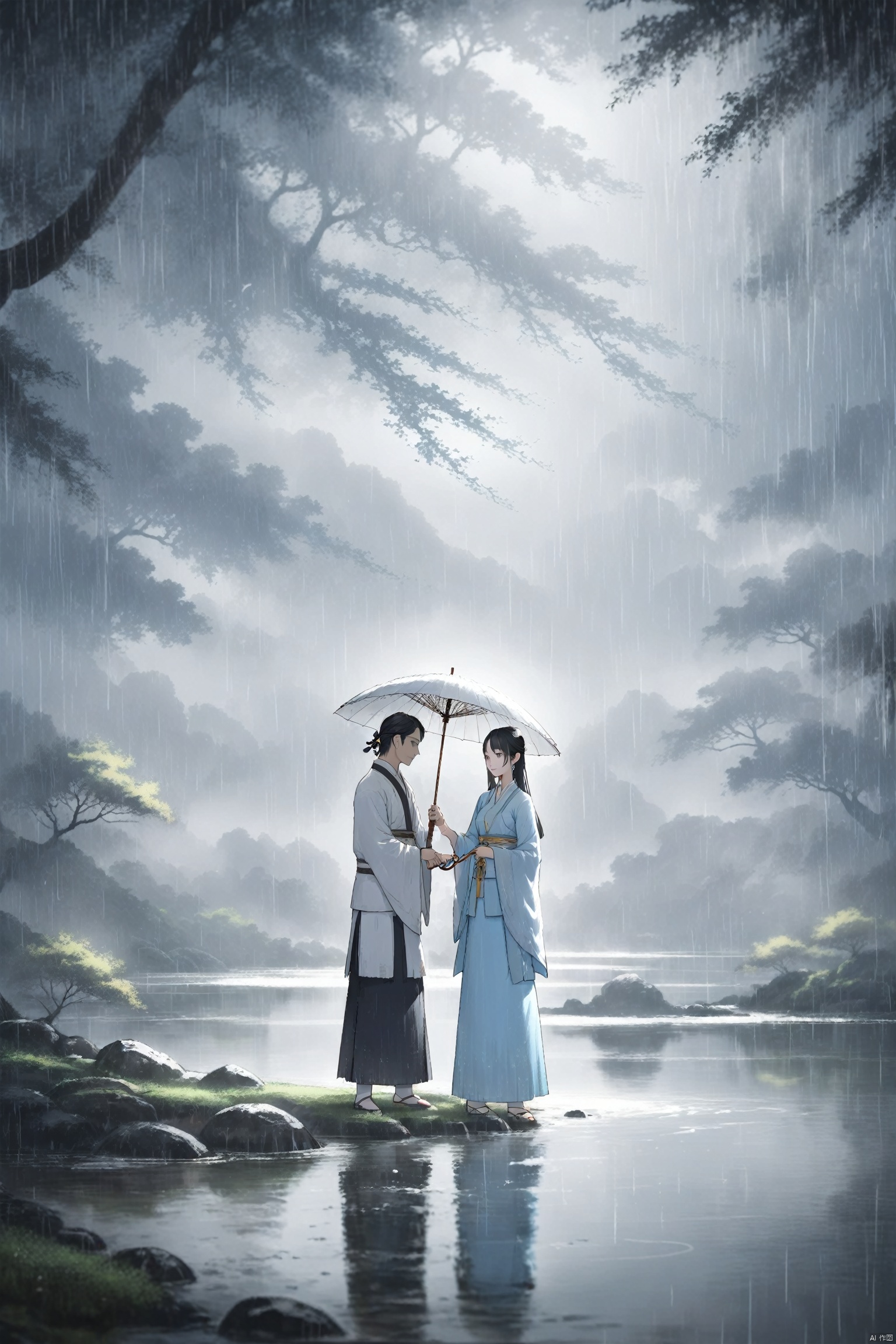 A man in a white Hanfu stands on the flowing riverbank, holding an umbrella and watching his wife sit under the umbrella in a light blue outfit to shield her from the rain. Illustrated with a romantic river view, soft colors, high resolution, high details, delicate brushstrokes, natural lighting, peaceful atmosphere, ancient China, with a background of green trees, drizzle, high-definition details, depth of field effect, ink painting, texture frosting, diffuse gradient, romantic ancient style, excellent light and shadow, color curves, ananmo,movie style background
