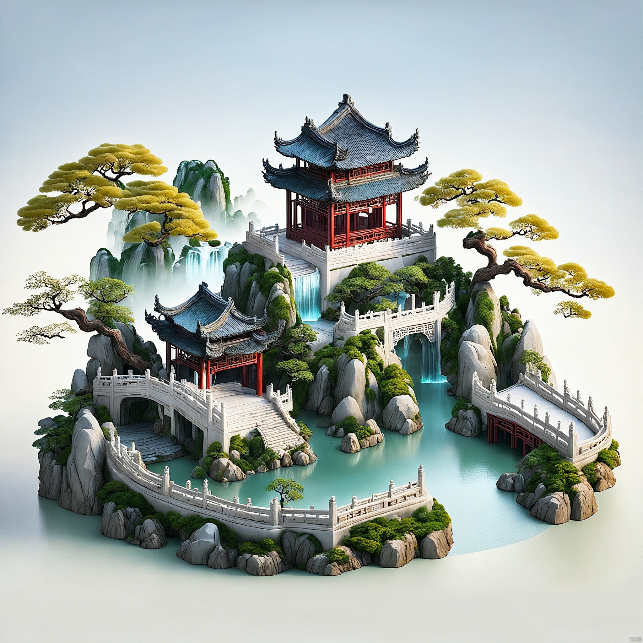  Landscape background, trees, no people, scenery, rocks, buildings, Bridges, Chinese architecture, palaces, heavenly palaces, waterfalls,weidiao_house
