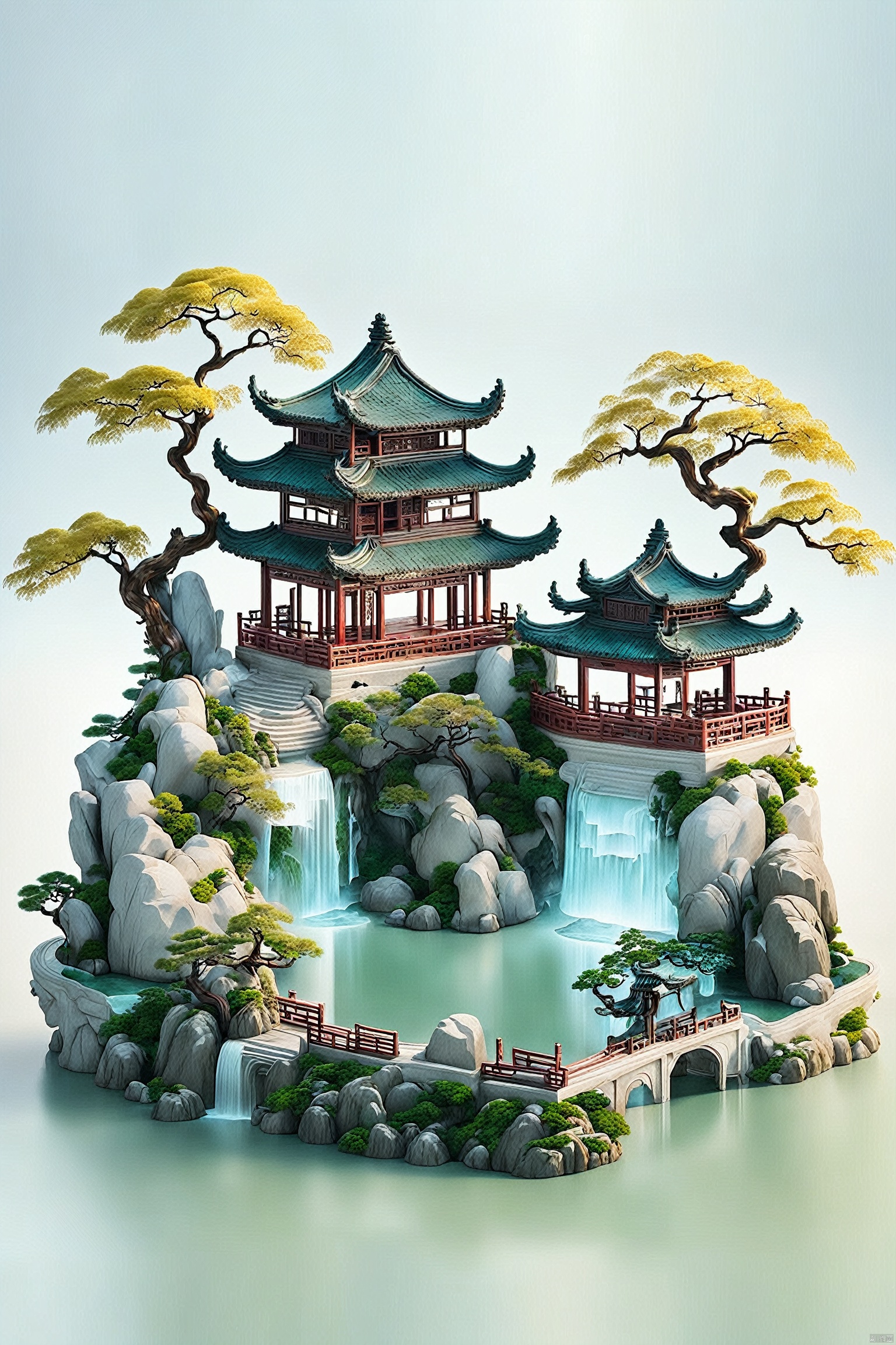  Landscape background, trees, no people, scenery, rocks, buildings, Bridges, Chinese architecture, palaces, heavenly palaces, waterfalls,weidiao_house
