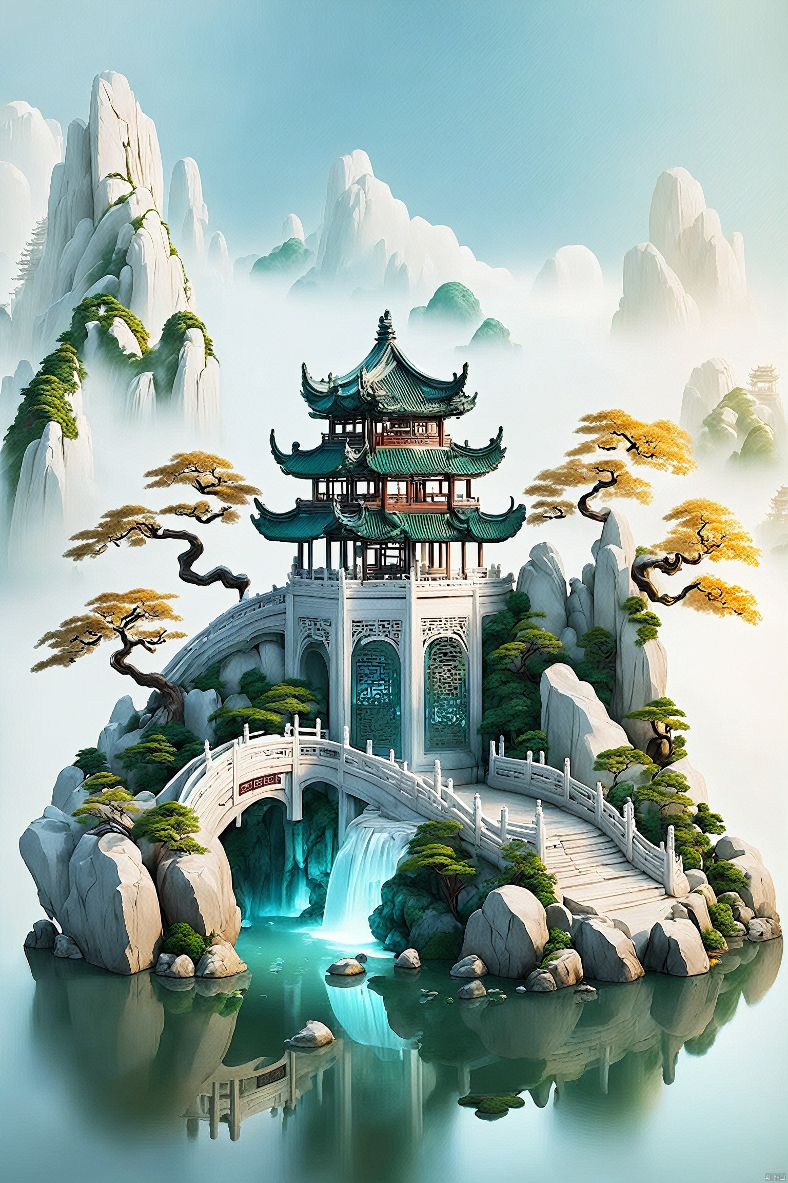  Landscape background, trees, no people, scenery, rocks, buildings, Bridges, Chinese architecture, palaces, heavenly palaces, waterfalls,weidiao_house
