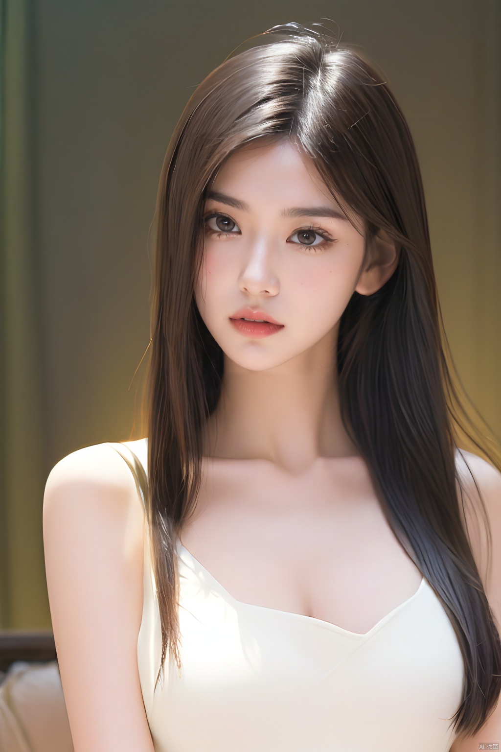  Best quality, masterpiece, ultra high res, (photorealistic:1.2), a girl,Depth of field, golden hour, (rim lighting:1.1), soft shadows, vibrant colors, hazy glow, painterly effect, dreamy atmosphere,A clear face,Black hair, long hair, straight hair, white clothes,Perfect facial features,Amazing beauty,collarbone, slender waist,Half-length photo,