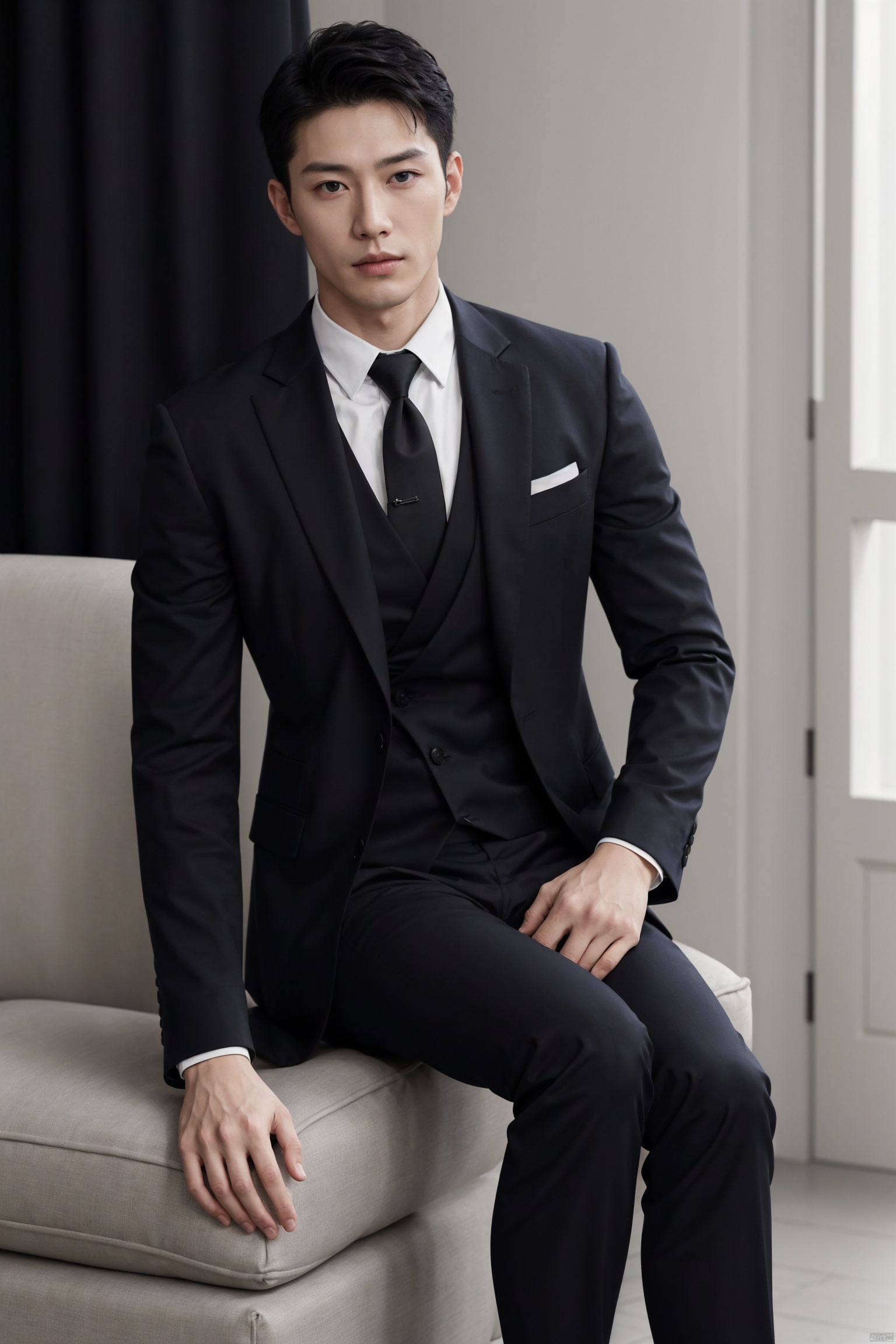  1man,Asian,solo,male focus,exquisite facial features,handsome,muscular,Confident Dressing,exquisite facial features,handsome,deep eyes,muscular,formal suit,shirt,necktie,pants,Tailored Fit,Quality Fabrics,graceful yet melancholic posture,masterpiece,realistic,best quality,highly detailed,blurry, jzns