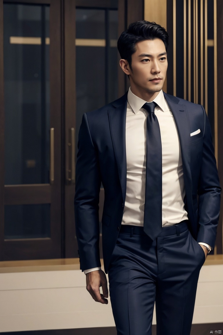 1man,Asian,solo,male focus,40 y.o,exquisite facial features,handsome,muscular,Confident Dressing,exquisite facial features,handsome,deep eyes,muscular,formal suit,shirt,necktie,pants,Tailored Fit,Quality Fabrics,graceful yet melancholic posture,masterpiece,realistic,best quality,highly detailed,blurry, jzns