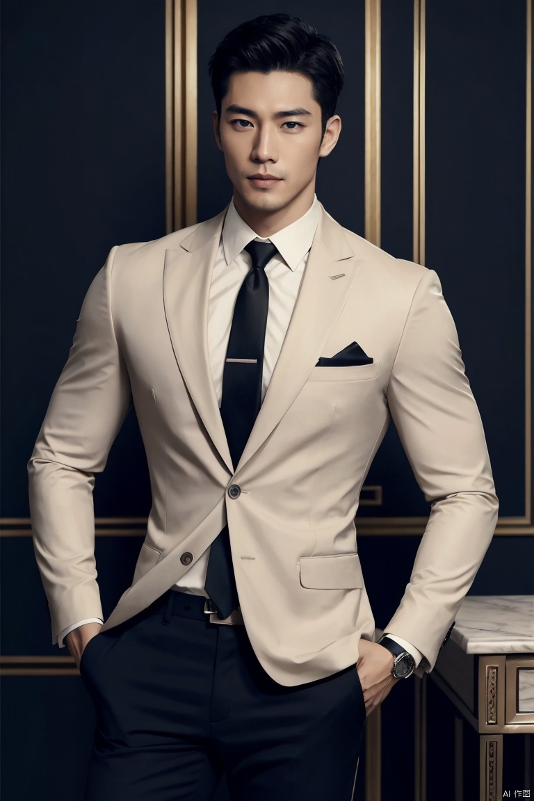  1man,Asian,solo,male focus,exquisite facial features,handsome,muscular,Confident Dressing,exquisite facial features,handsome,deep eyes,muscular,formal suit,shirt,necktie,pants,Tailored Fit,Quality Fabrics,graceful yet melancholic posture,masterpiece,realistic,best quality,highly detailed,blurry, jzns