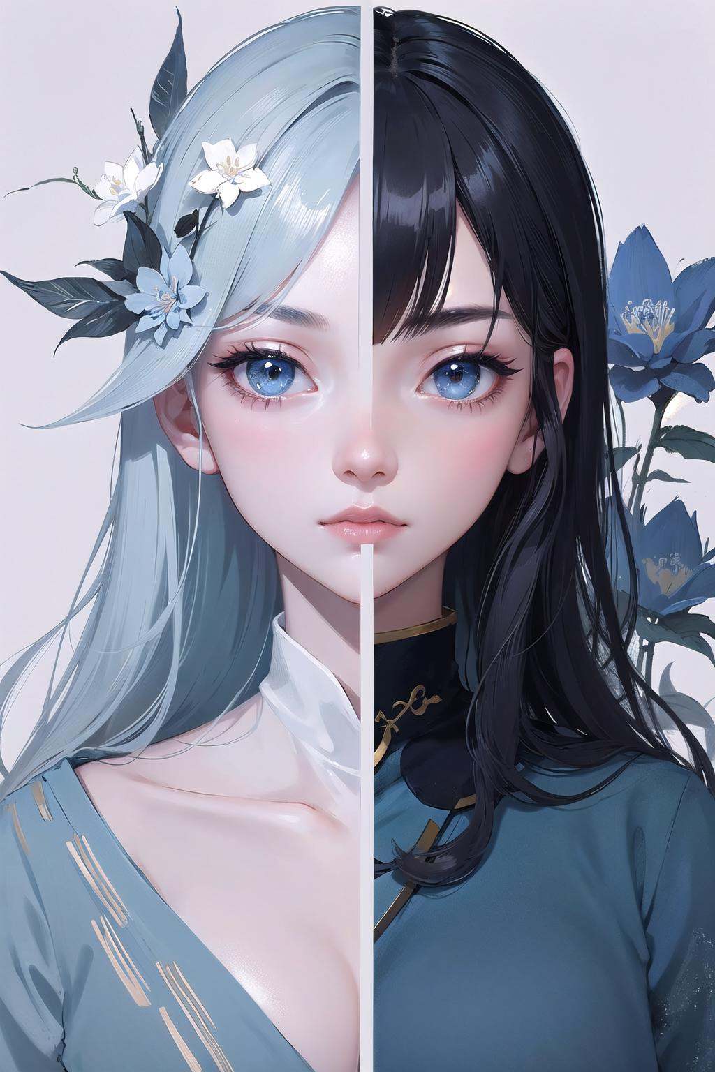 wrenchwhispersofzen,  white background,  blue flower on Tensor.Art