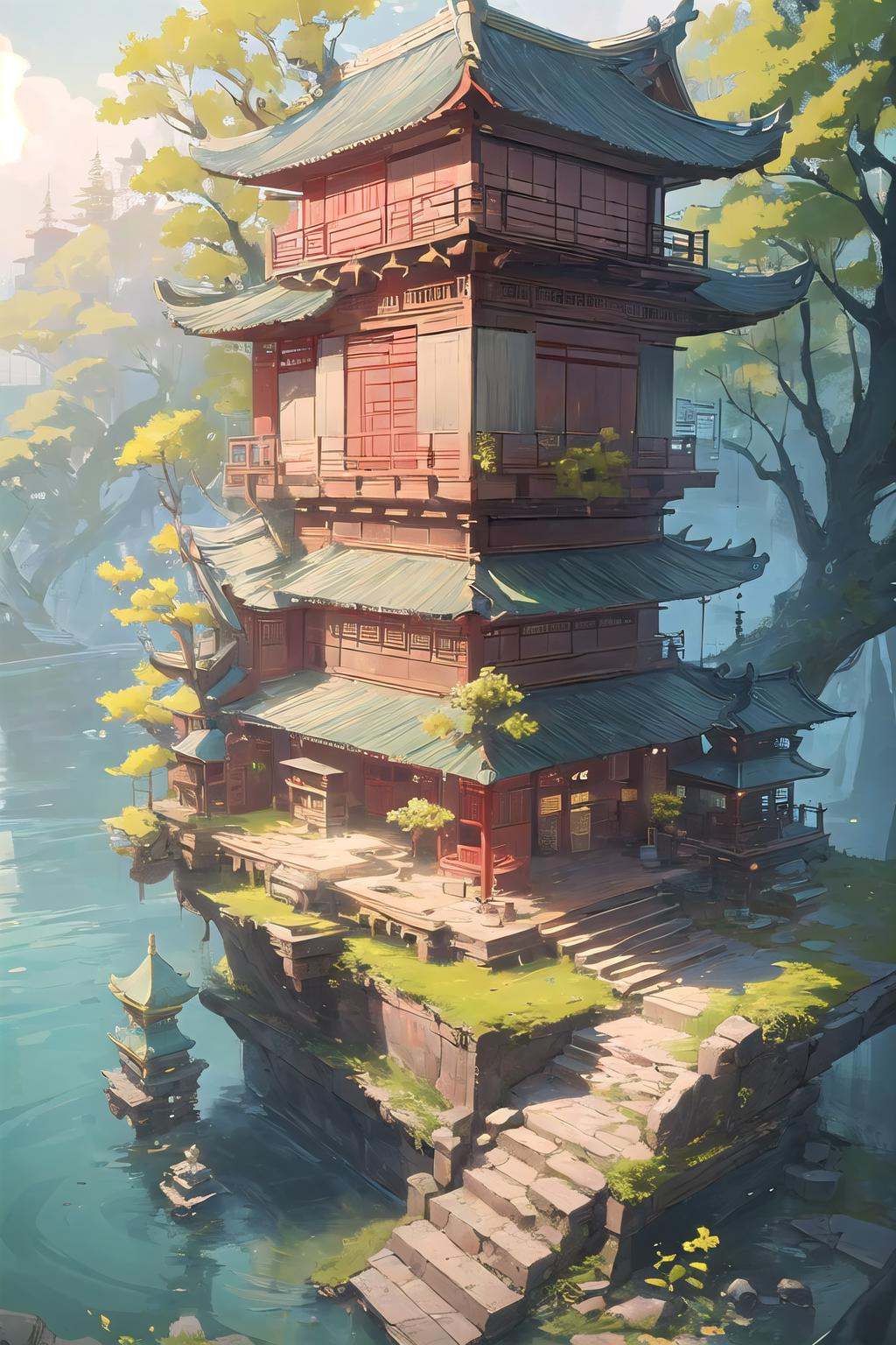 wrenchmicroarch,  chinese style architecture,  water on Tensor.Art