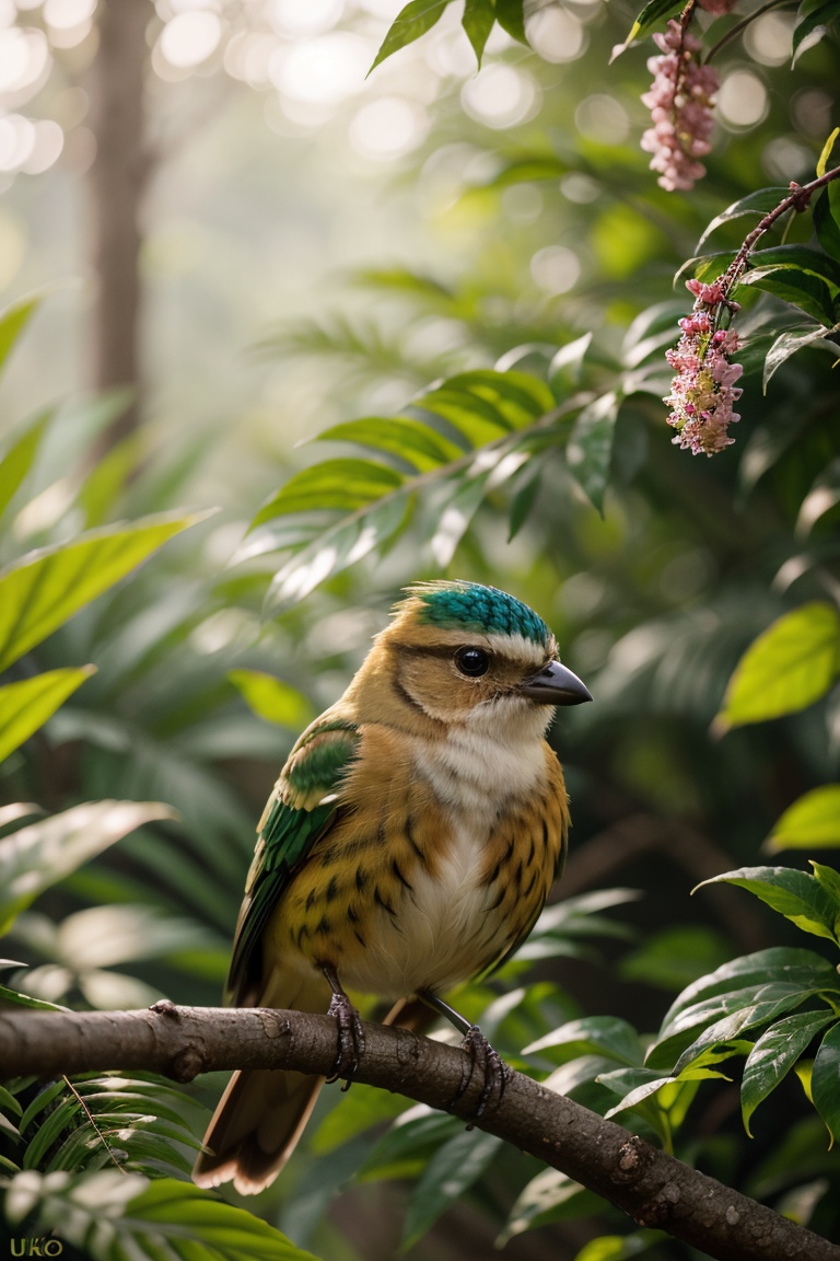 a colorful bird sitting on a tree branch,  capturing the intricate details with macro photography,  vibrant colors and the...
