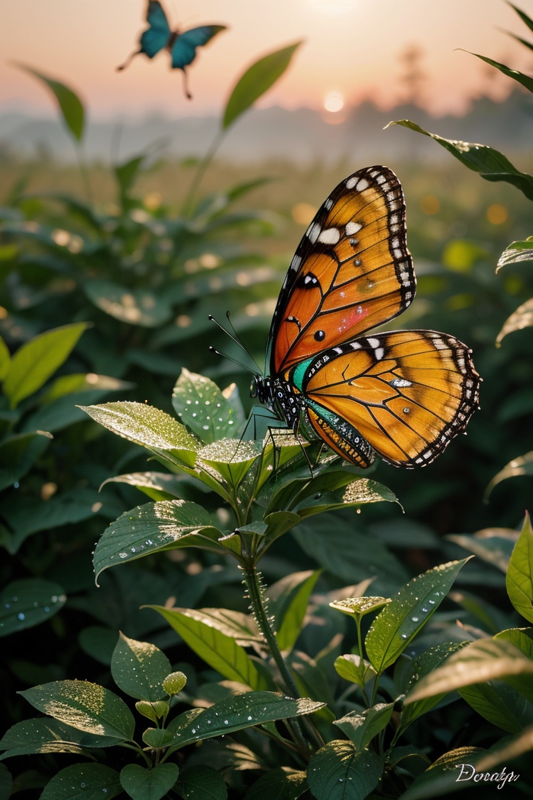 ultra-detailed,  extremely vibrant butterfly with dew on a moss,  glowing under the soft morning light of a sunrise in the...