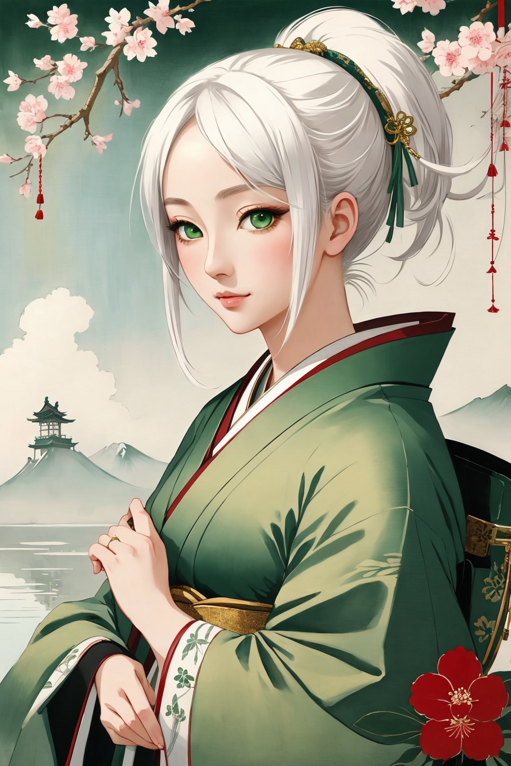 Japanese art, 1girl, painting, masterpiece, detailed, white hair, green eyes