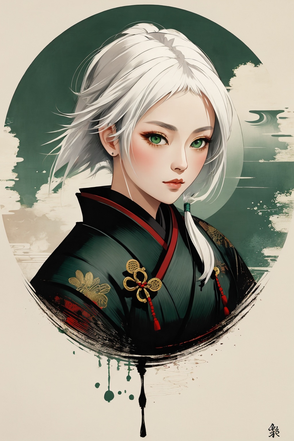 Japanese art, 1girl, samurai, painting, masterpiece, detailed, white hair, green eyes
