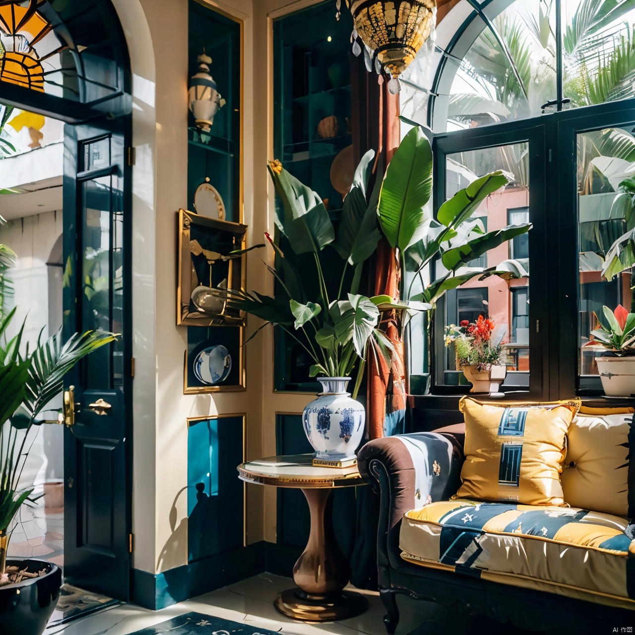 maximalism interior design ,fish,leaf,palm tree,plant,plate,potted plant,scenery,tree,water,window