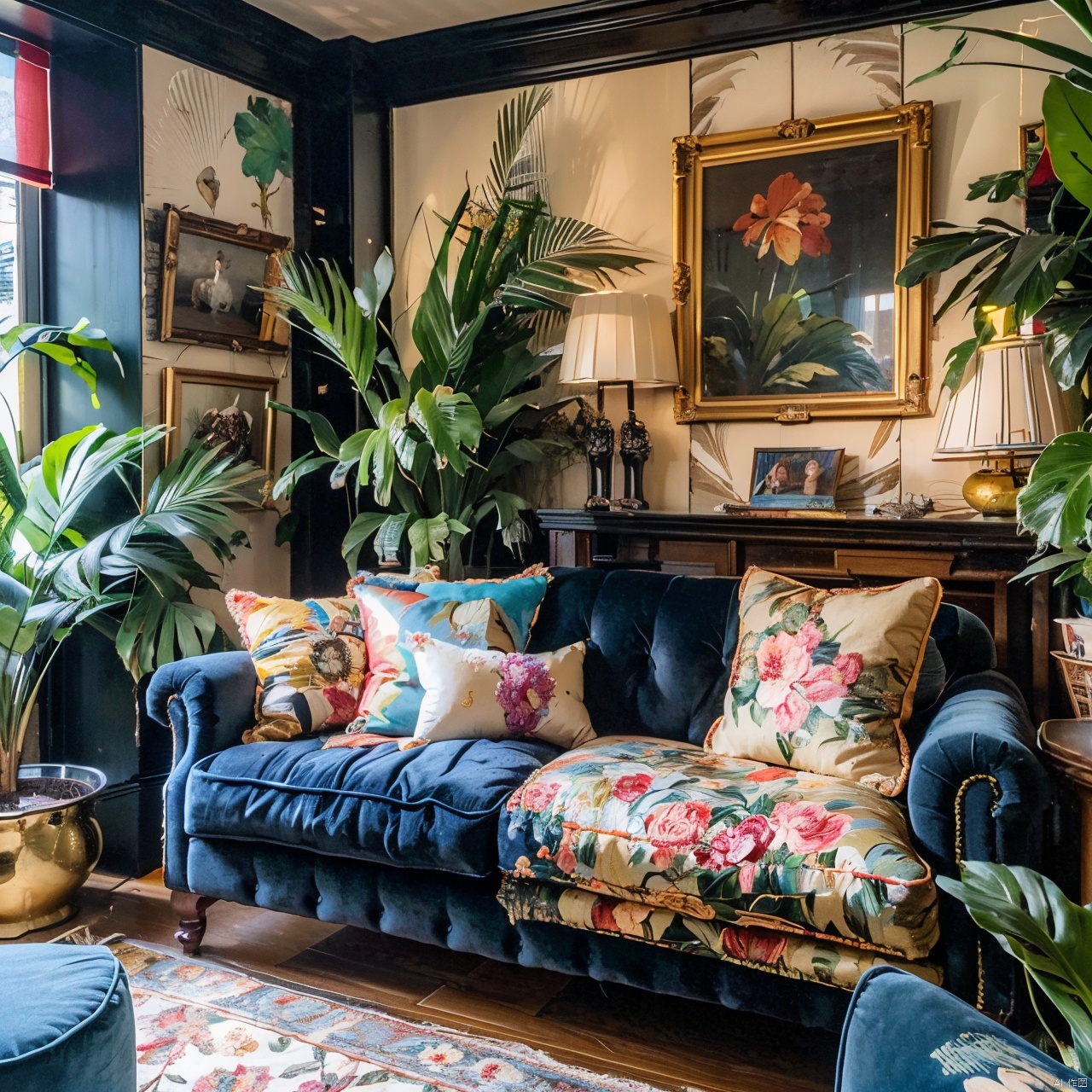 maximalism interior design ,album cover,apple,basket,bear,bookshelf,clock,couch,fantasy,flower,food,hat,no humans,painting \(medium\),palm tree,plant,plate,potted plant,scenery,tree