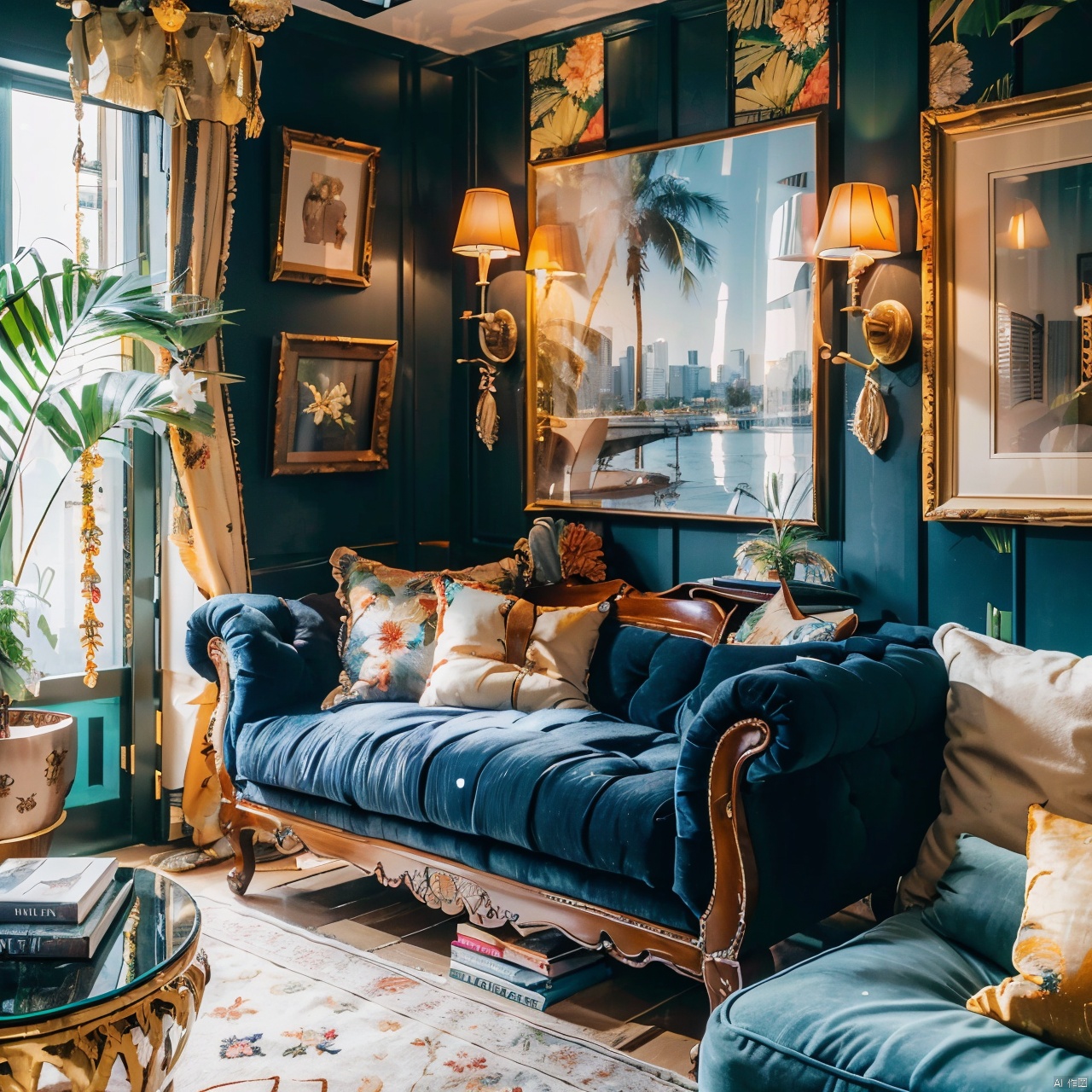 maximalism interior design ,basket,book,bookshelf,city,cityscape,couch,flower,no humans,palm tree,plant,potted plant,scenery