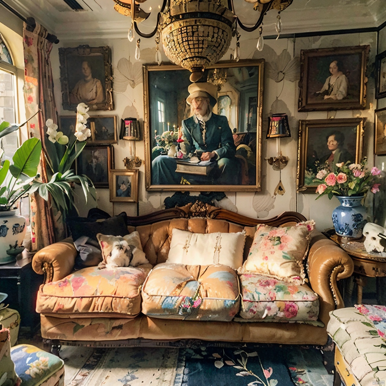 maximalism interior design ,album cover,analog clock,blonde hair,book,bookshelf,bottle,brown hair,candle,cat,clock,couch,fantasy,flower,globe,hat,jar,owl,painting \(object\),photo \(object\),plant,scenery,shop,skull,tiles,wall clock