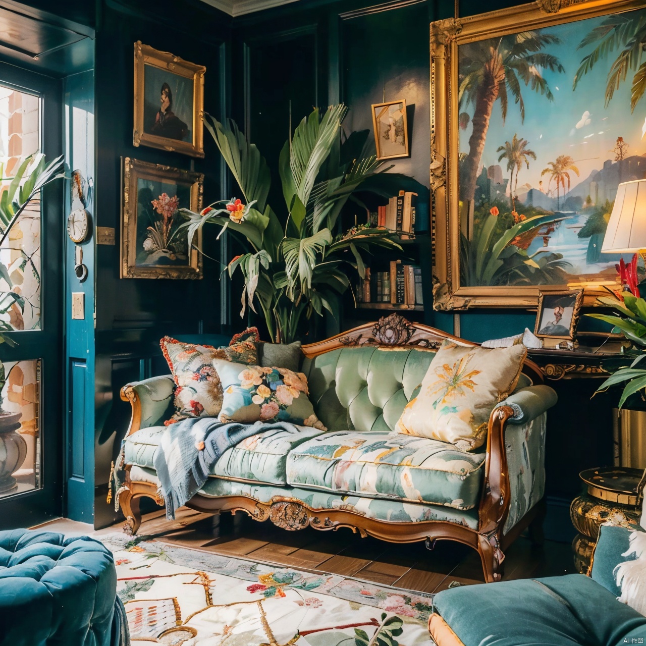 maximalism interior design ,album cover,apple,basket,bear,bookshelf,clock,couch,fantasy,flower,food,hat,no humans,painting \(medium\),palm tree,plant,plate,potted plant,scenery,tree