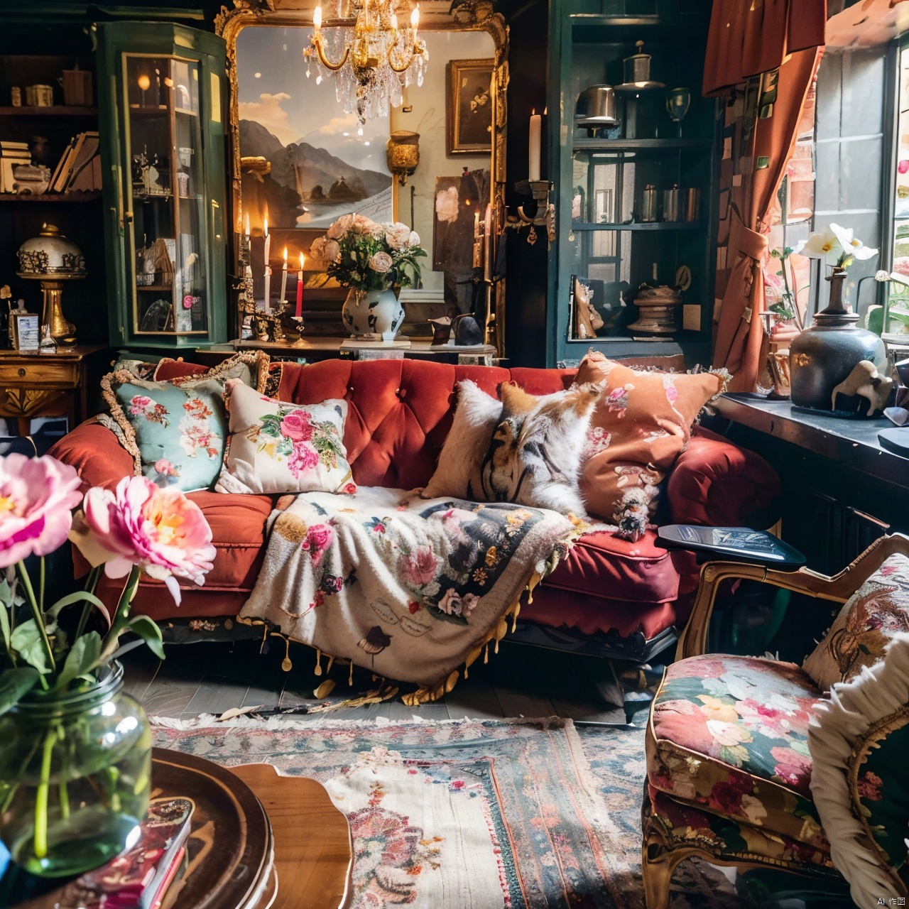 maximalism interior design ,album cover,apple,basket,bear,book,bookshelf,bottle,candle,cat,clock,flower,food,fruit,globe,hat,jar,mushroom,plate,scenery,skull